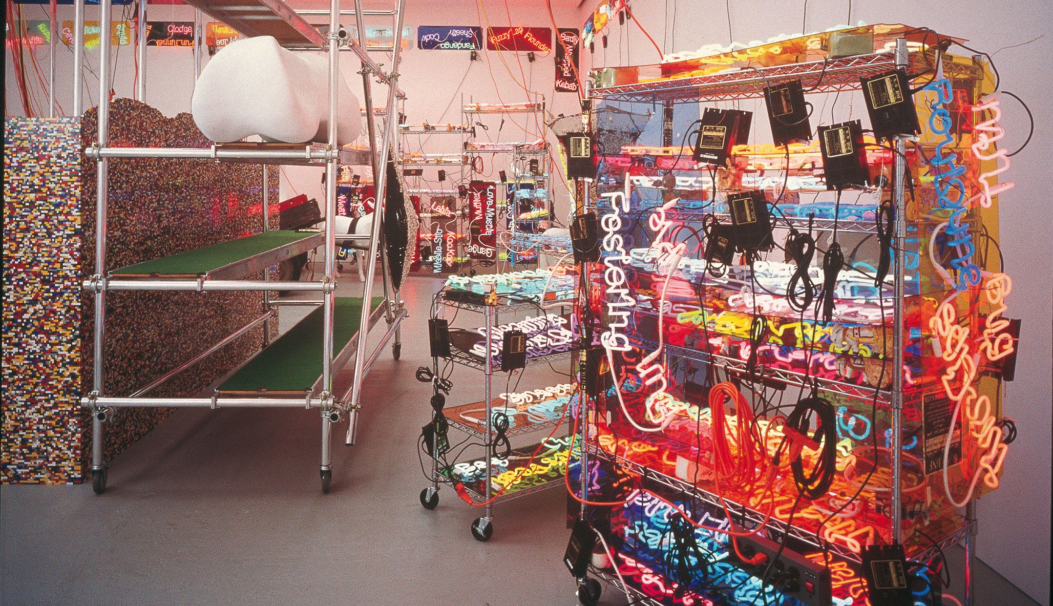 An installation view of an exhibition titled Jason rhoades: Meccatuna at David Zwirner, New York, in 2003.