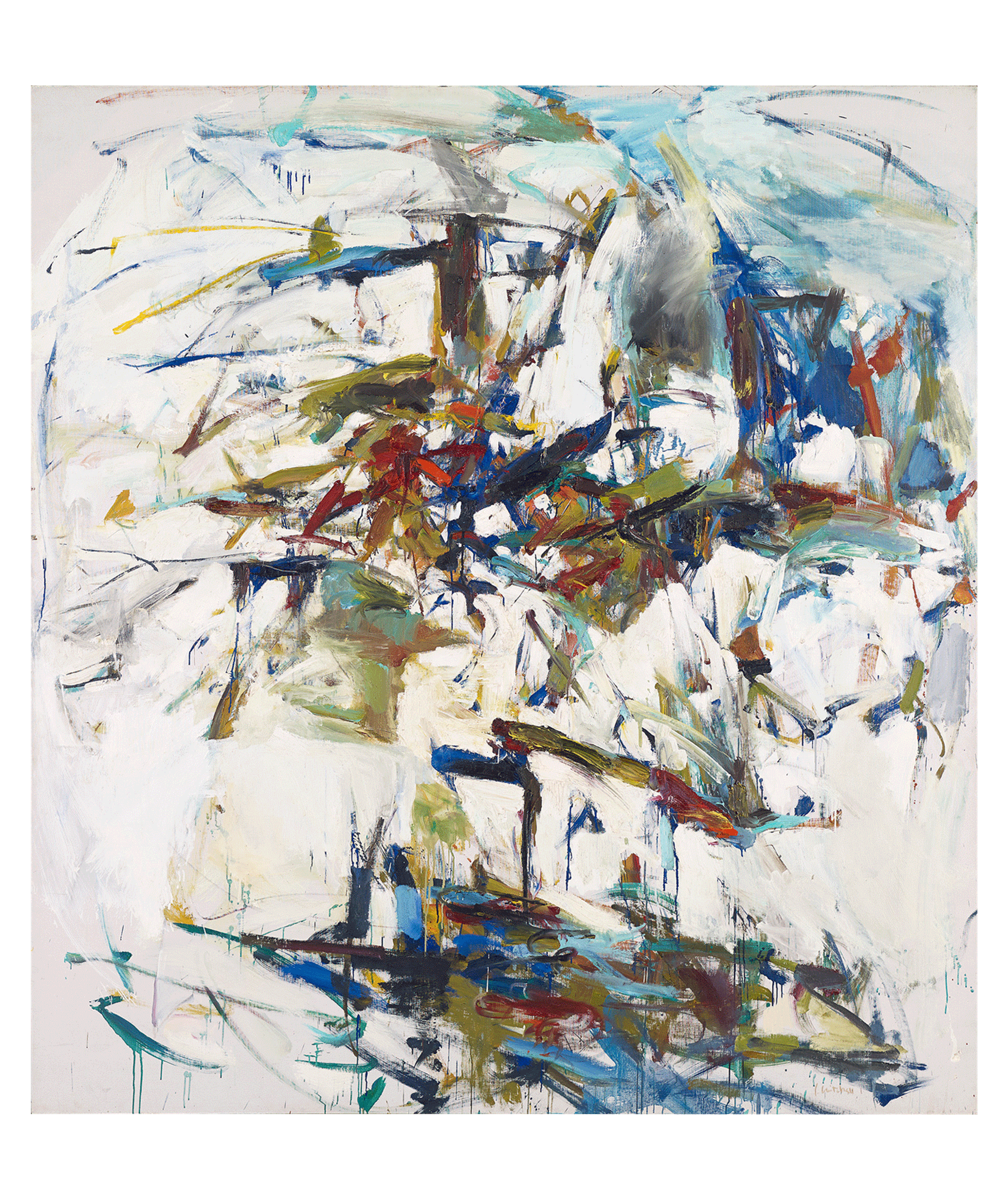 A painting by Joan Mitchell, titled George Went Swimming at Barnes Hole, but it Got Too Cold, dated 1957.