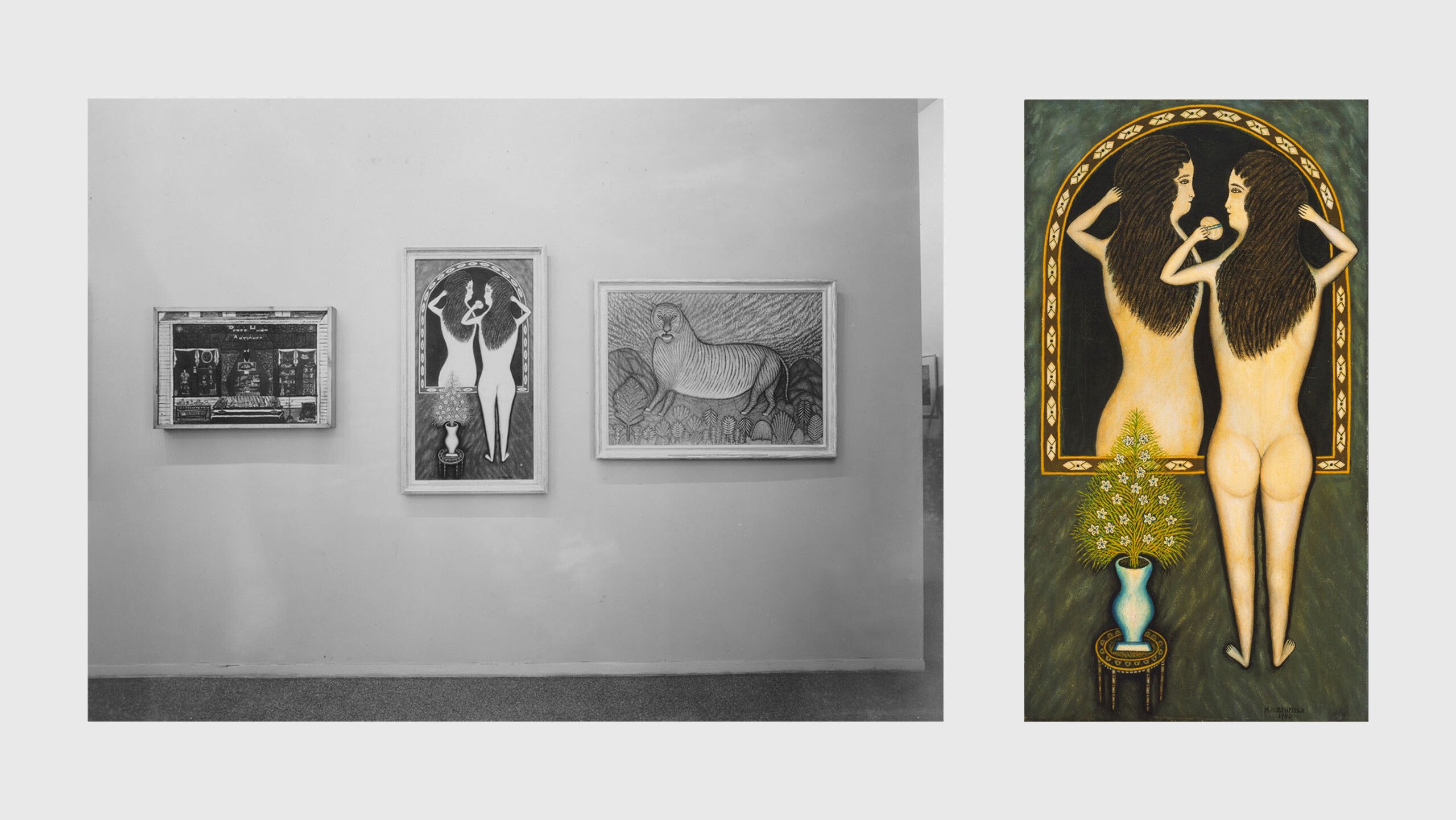 Janis advocated for MoMA to acquire Girl in a Mirror and Tiger (both 1940) for inclusion in the collection presentation fancily titled Modern Primitives: Artists of the People in 1941. A year later, Janis published They Taught Themselves, a book inspired by his fondness for what he called “non-professional” artists. Hirshfield’s Nude at the Window (1941) graced the publication’s frontispiece, and Hirshfield is featured more than any other artist.