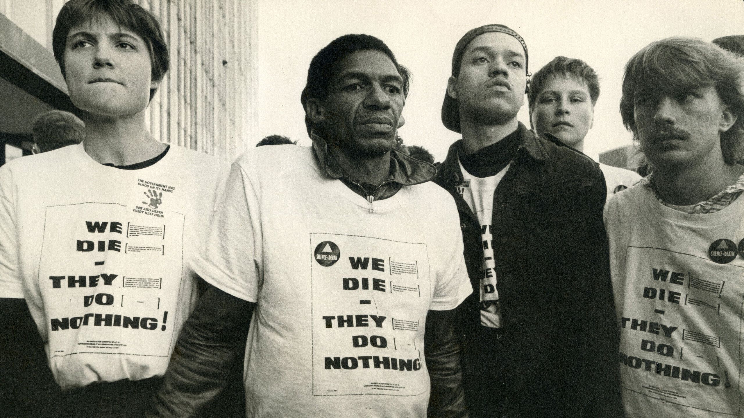 A photo by Donna Binder of the We Die  Act UP demonstration at the Food and Drug Administration in Maryland, USA,  in 1987.