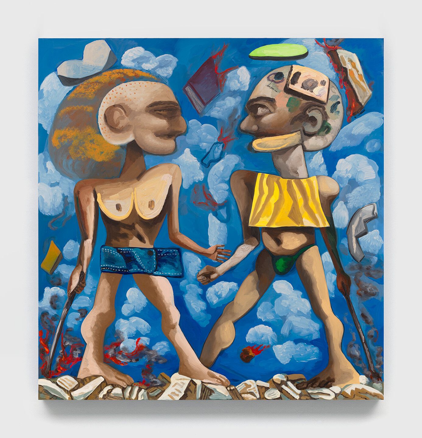 An oil painting on canvas by Dana Schutz, titled Title to be confirmed (working titles are The Acquaintance, or The Meeting), dated 2021.