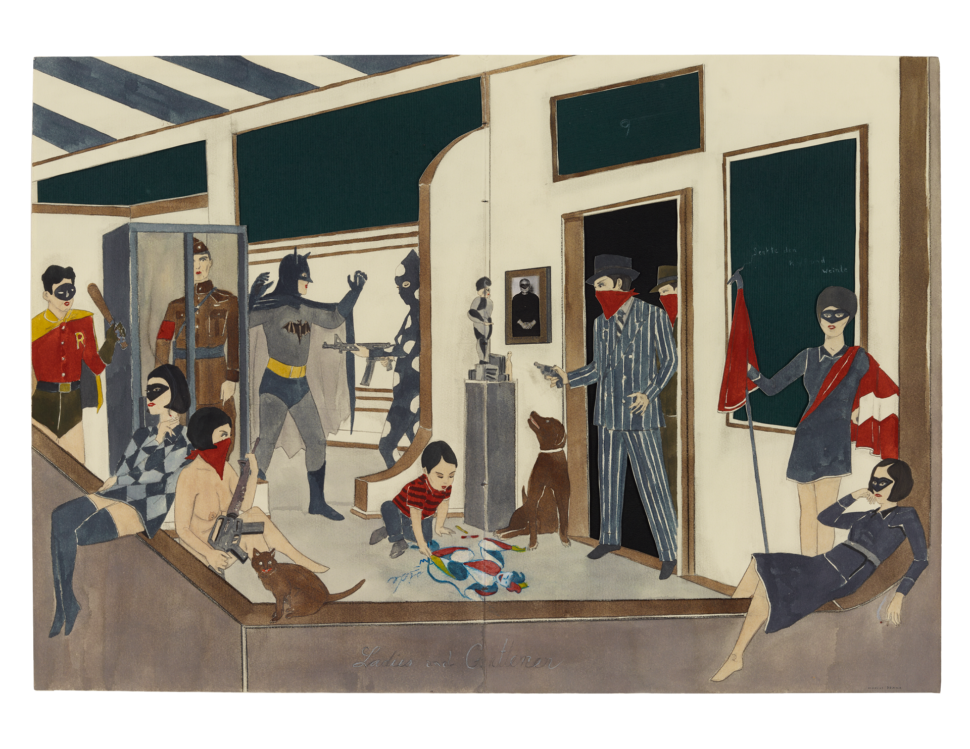 A mixed media work on paper by Marcel Dzama, titled If you can't bring good news, then don't bring me any, dated 2012.
