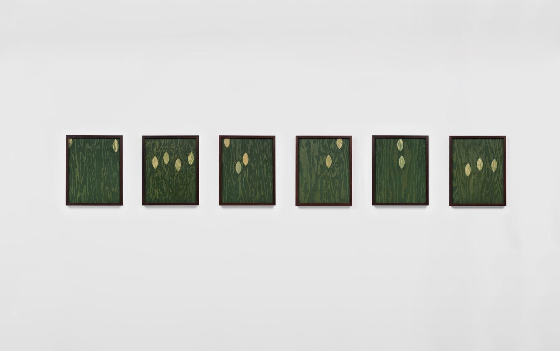 A series of paintings by Sherrie Levine, titled Dark Green Moonlight After Man Ray: 1-6, dated 2016.