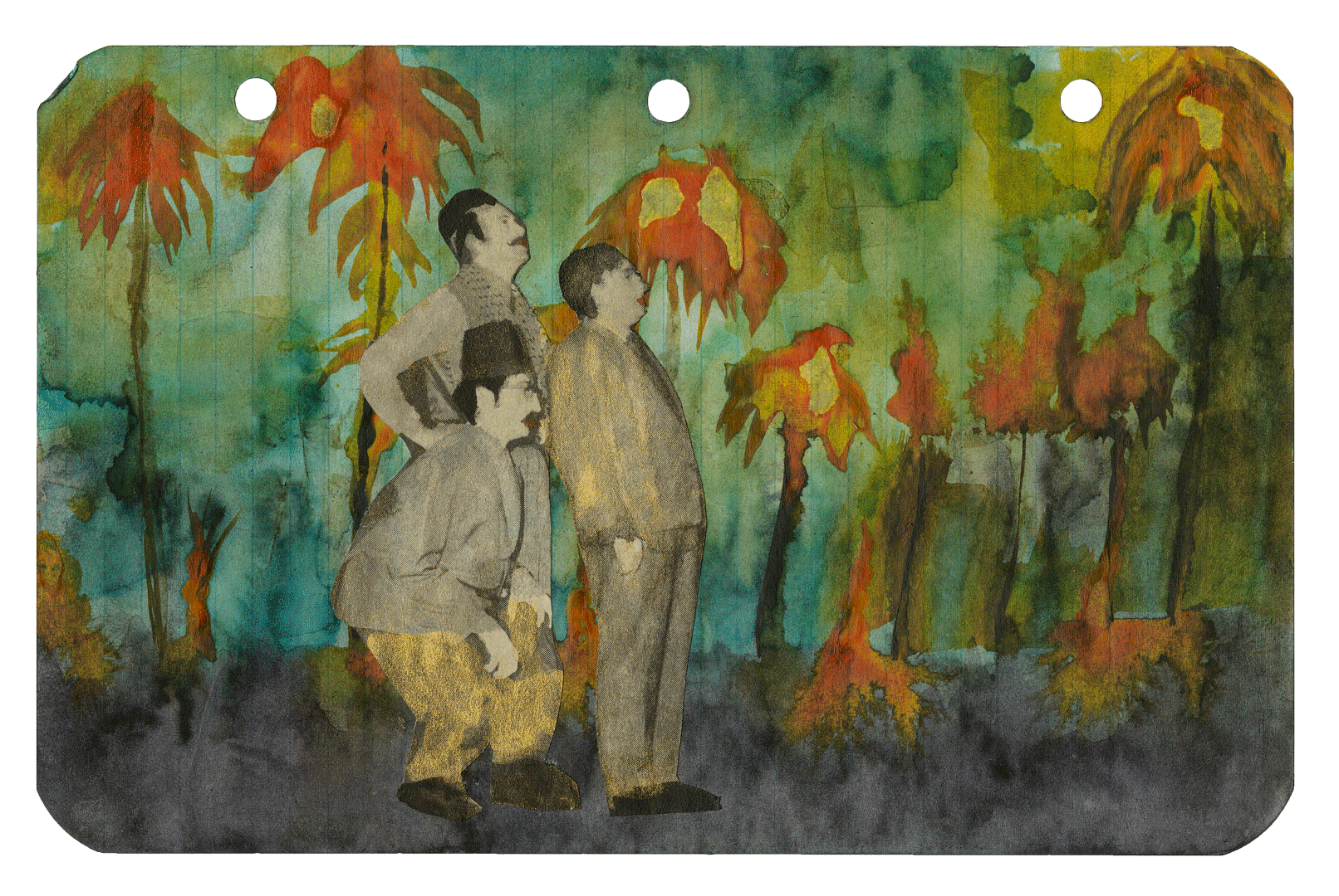A work on paper by Marcel Dzama titled Three men with palm trees, dated 2018.