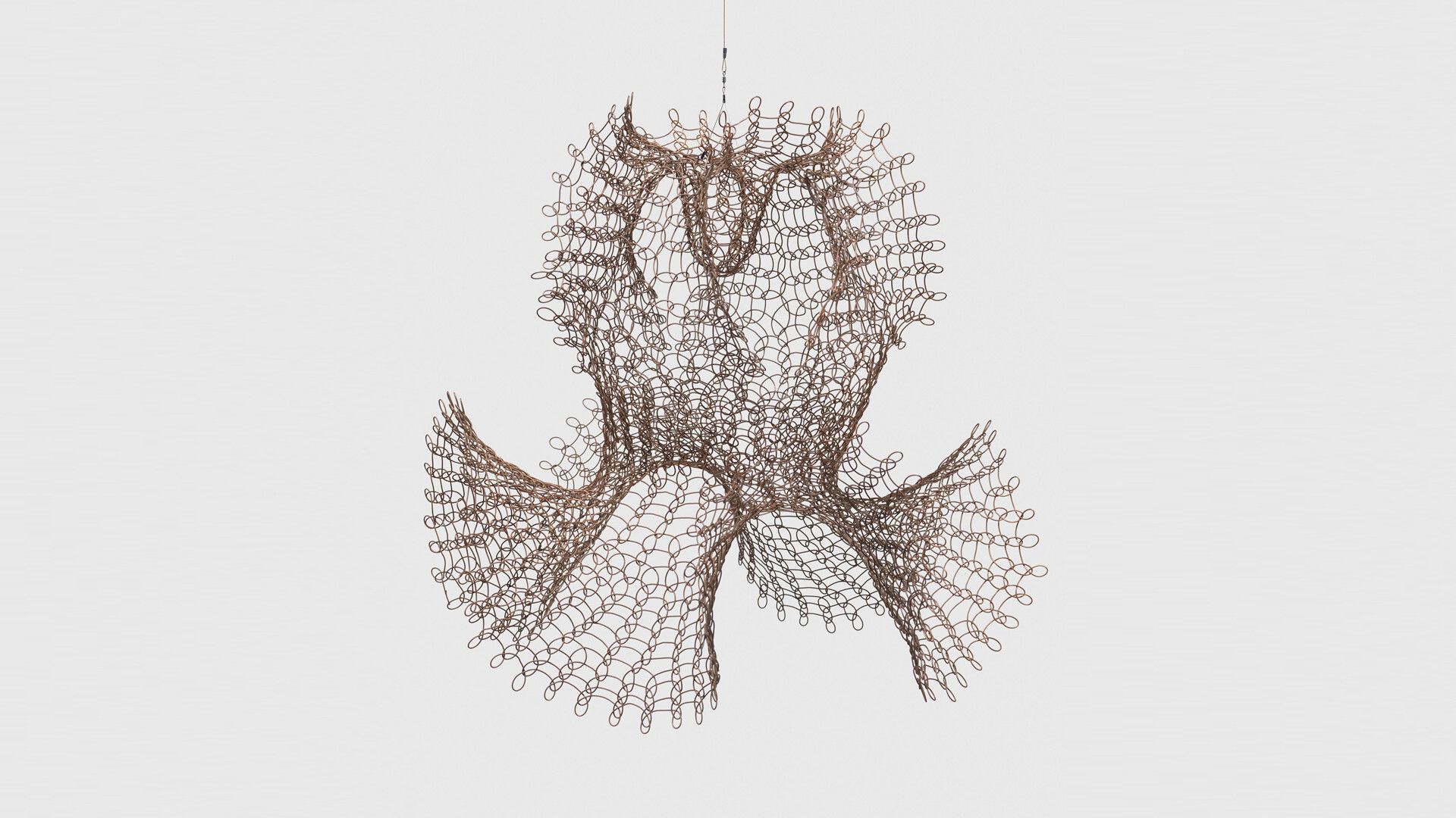 A hanging copper wire sculpture by Ruth Asawa, titled, Untitled (S.353, Hanging Single-Section, Open-Window Form with Four Flutes), circa 1960 to 1969.