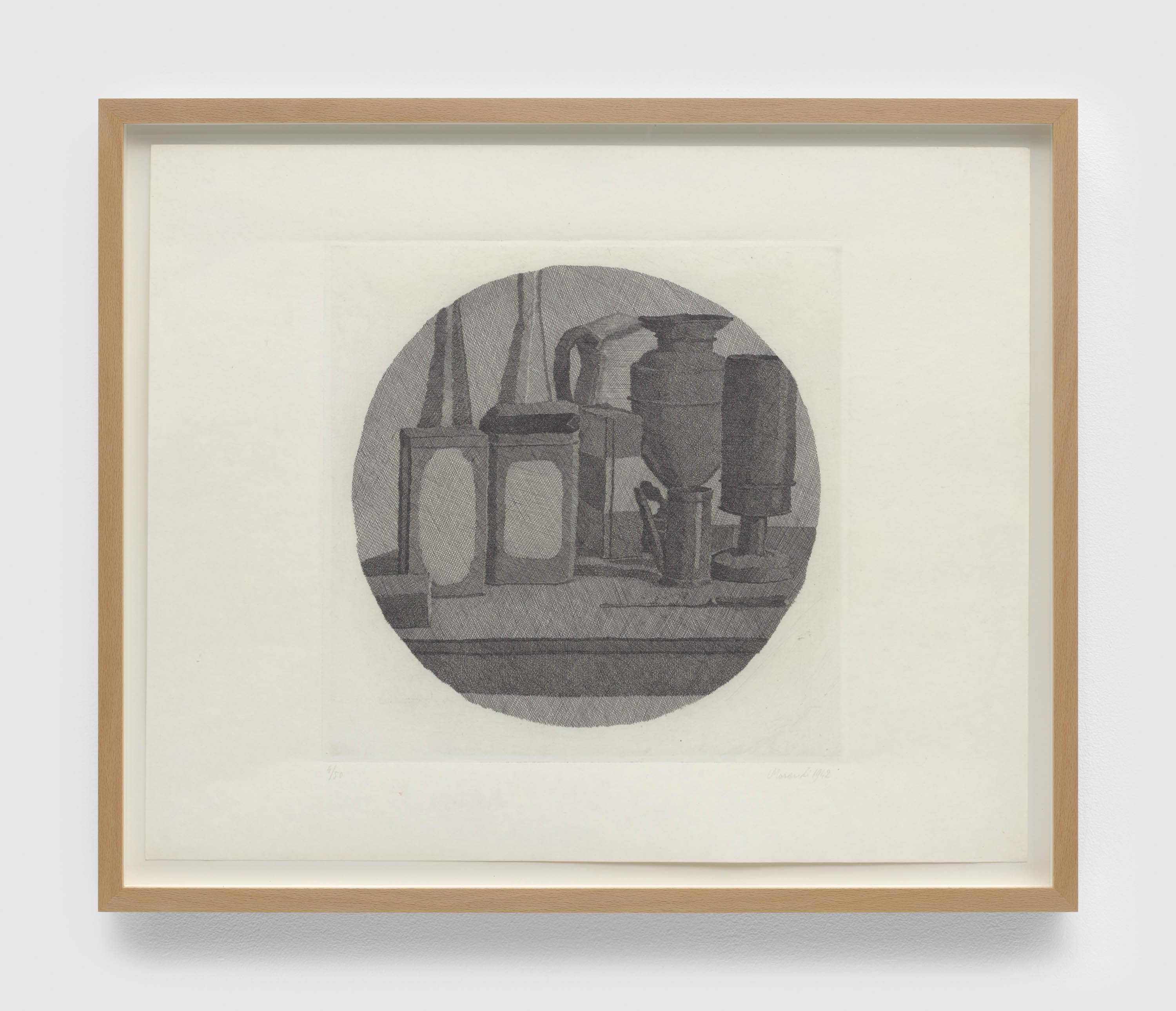 An etching on paper by Giorgio Morandi, titled Grande natura morta con undici oggetti un tondo (Large still life with eleven objects a round), dated 1942.