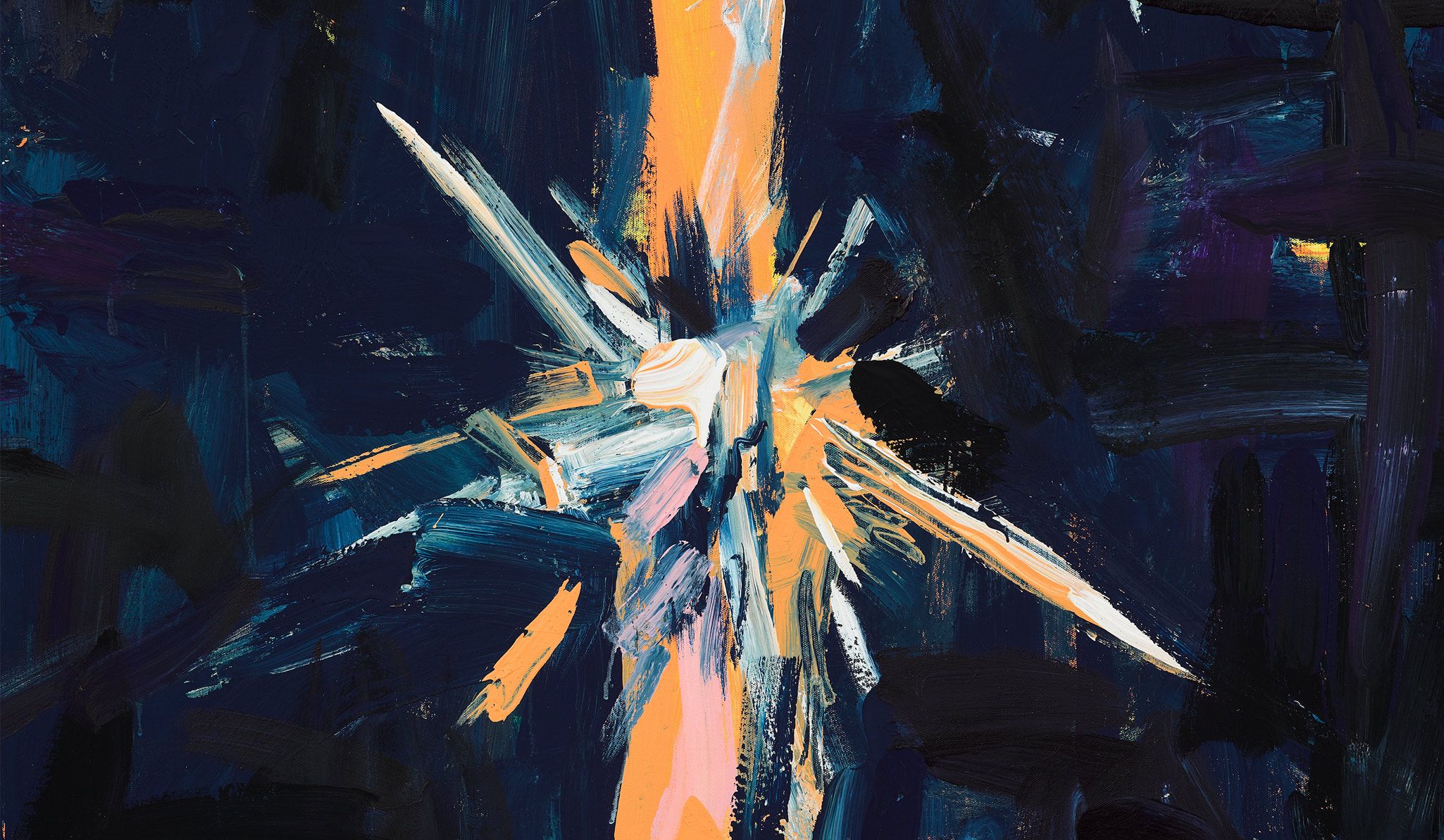 A detail from a painting by Cy Gavin titled Untitled (Roadside trees, brush-hogged), dated 2021