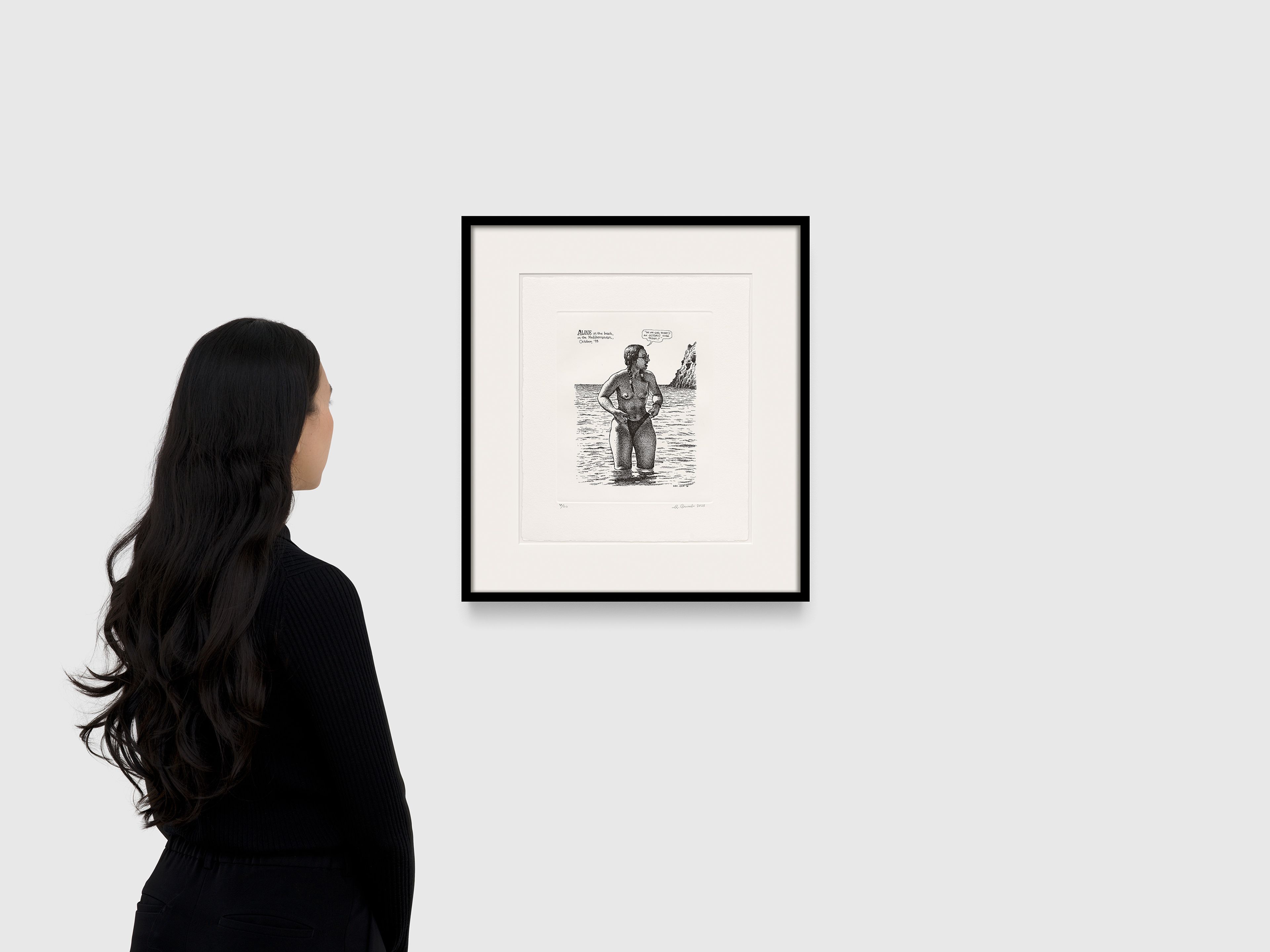 A work on paper by R. Crumb, titled Aline (At The Beach), dated 2025.