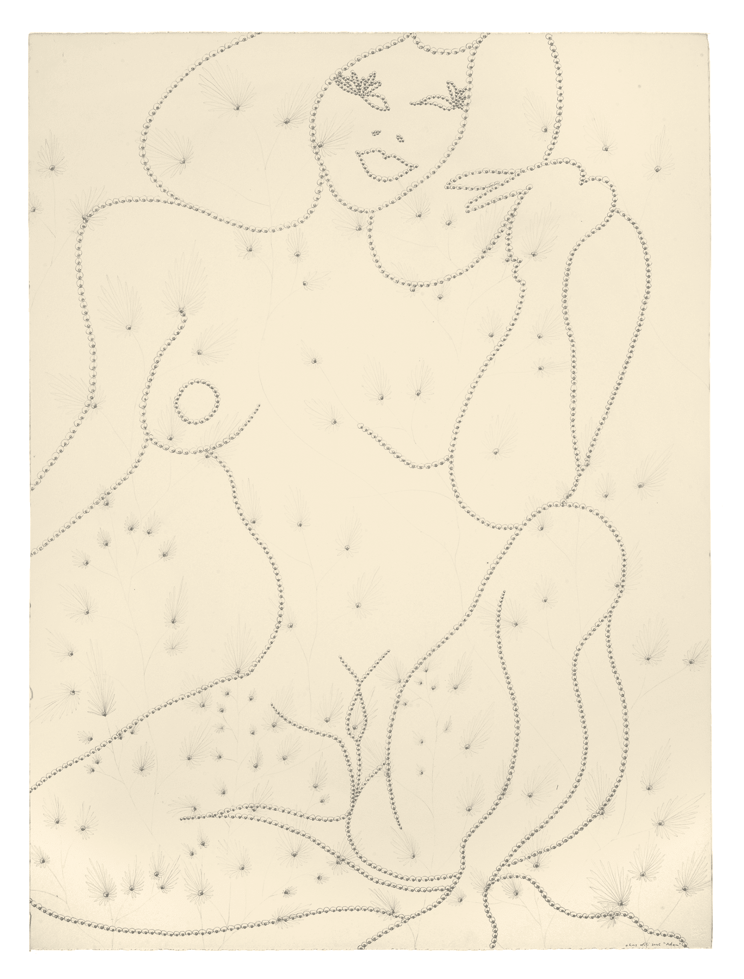 A drawing by Chris Ofili, titled Adam, Benjamin, Caleb, Daniel, Ephraim, Frank, and Gideon (7 brides for 7 bros), dated 2004 to 2006.