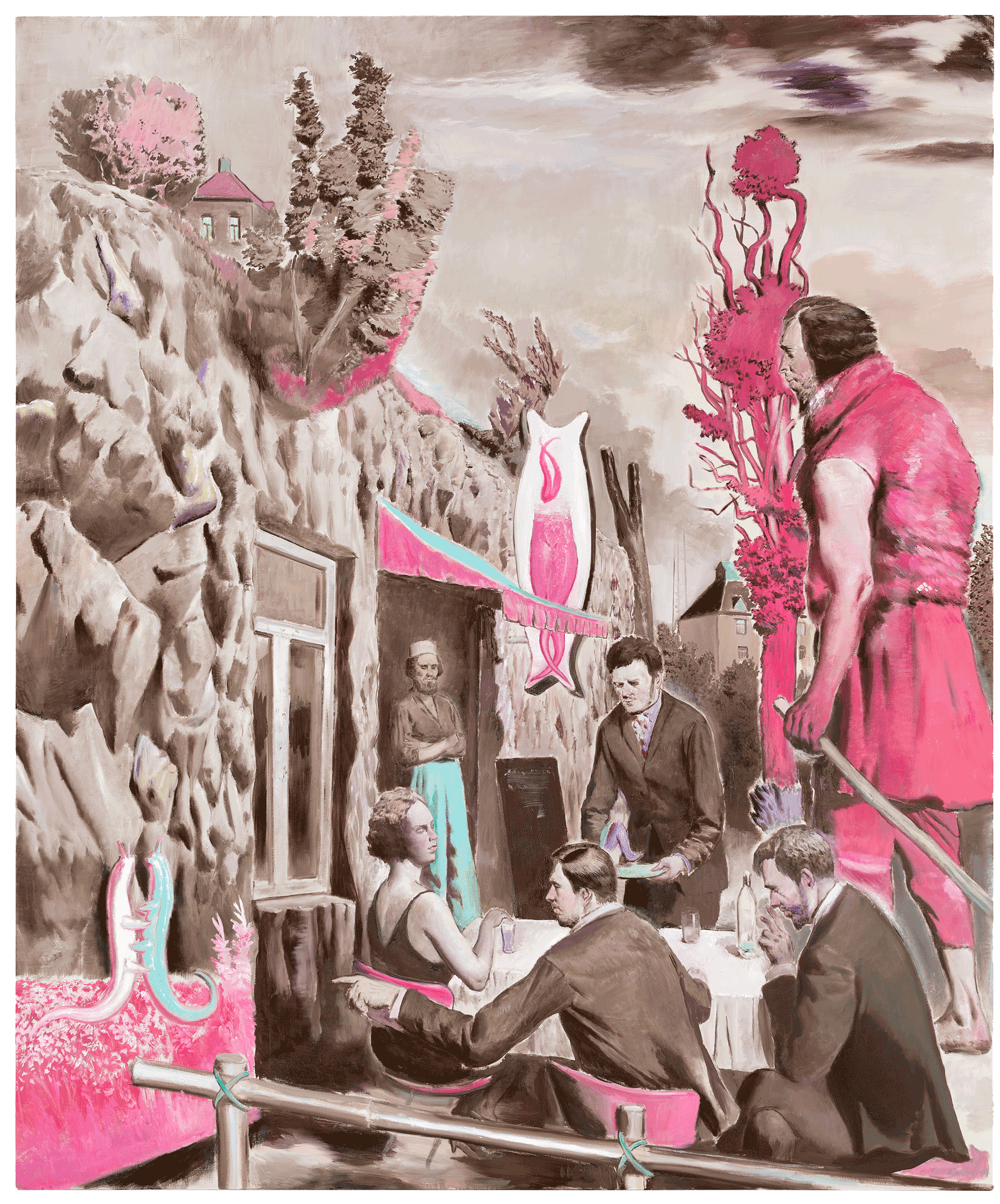 A painting by Neo Rauch, titled Der Felsenwirt, dated 2014.