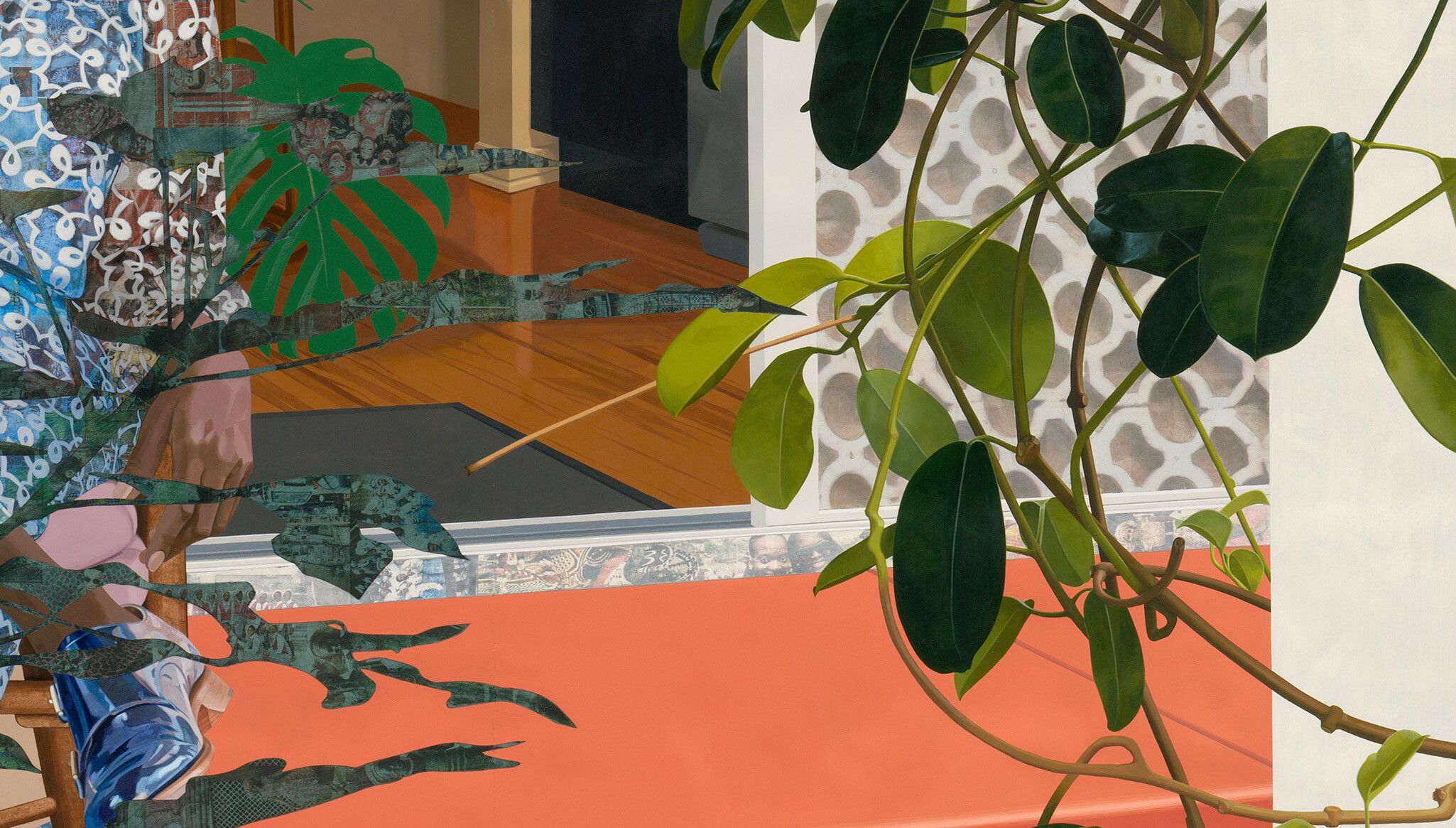 A detail of an artwork b y Njideka Akunyili Crosby, titled Still You Bloom in This Land of No Gardens, dated 2021