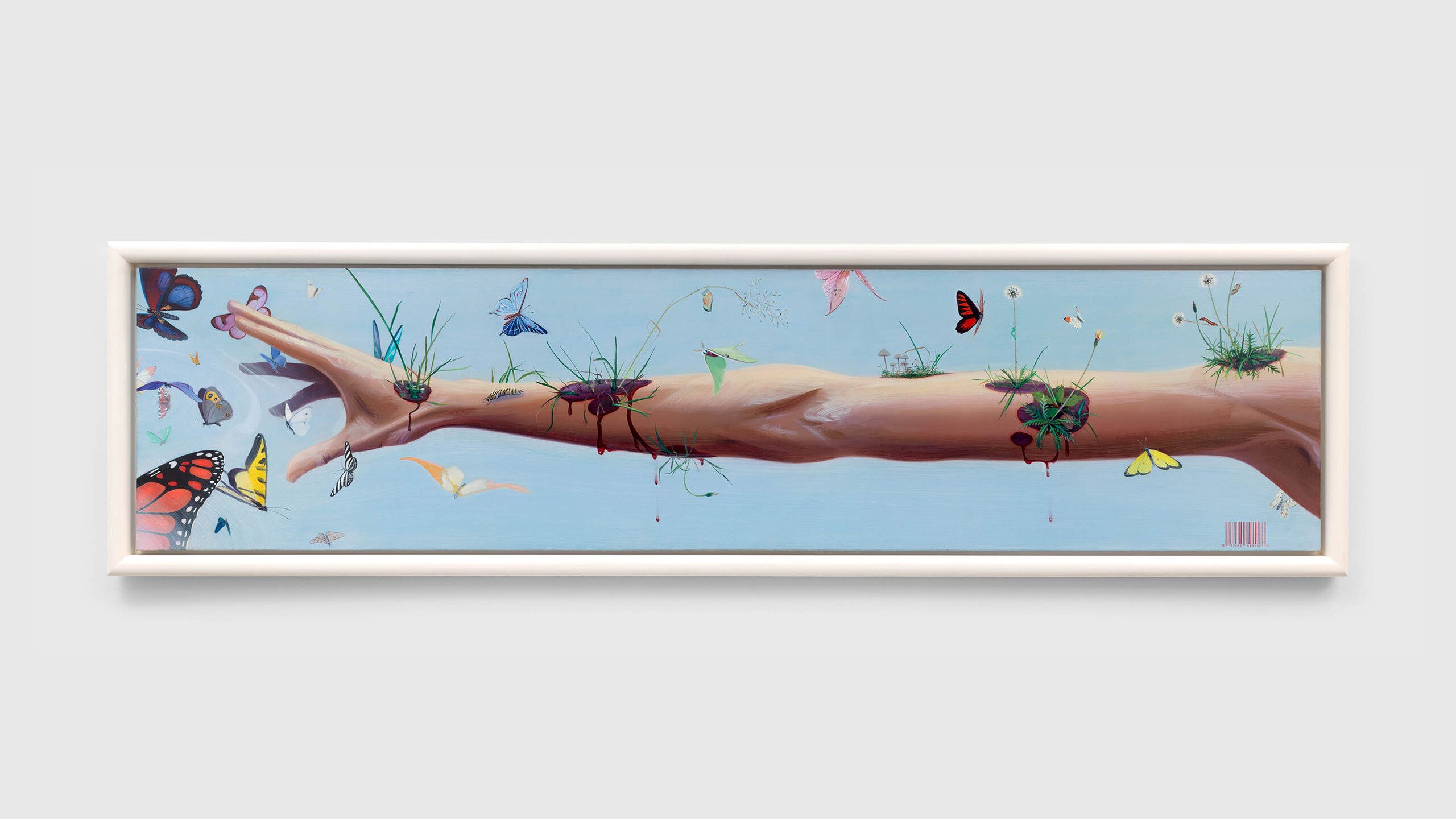 A long horizontal painting titled Release by Frank Moore, dated 1999