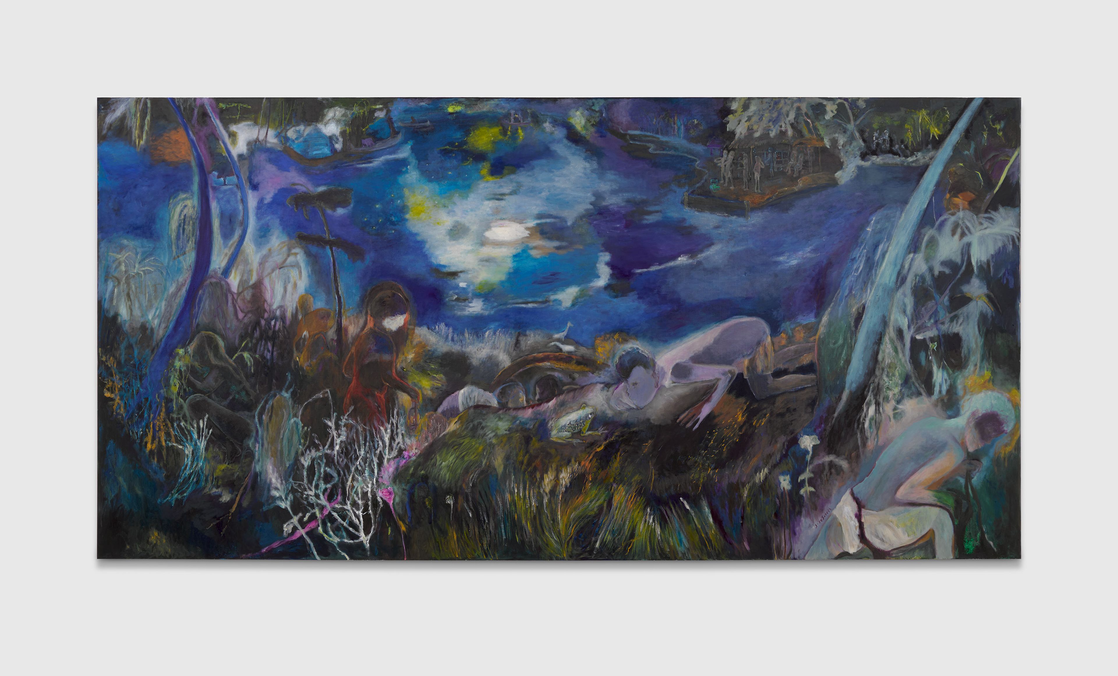 A painting by Sosa Joseph, titled Devil’s hour, by the river, dated 2025.