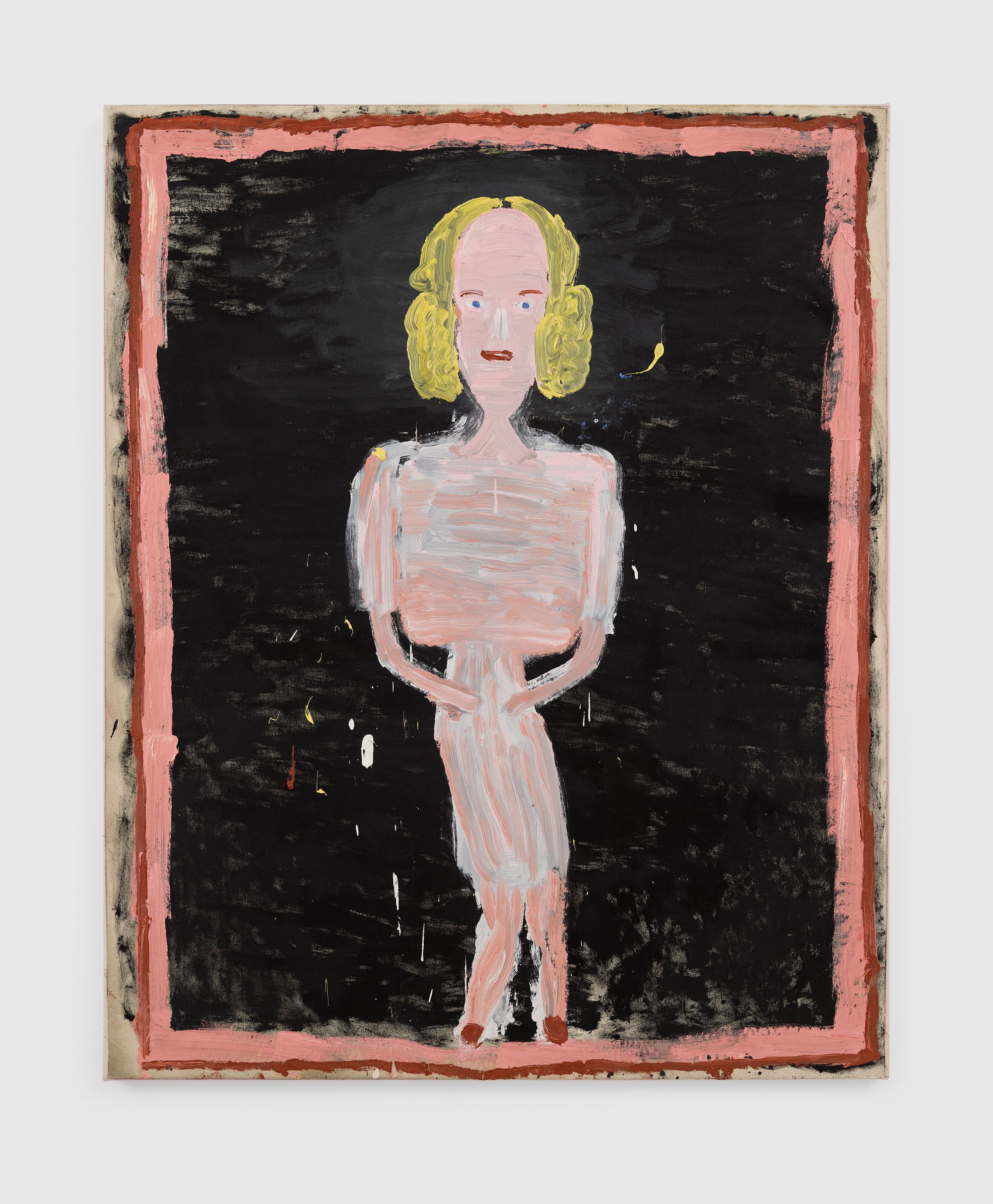 A painting by Rose Wylie, titled Pink News Reader, dated 2022.
