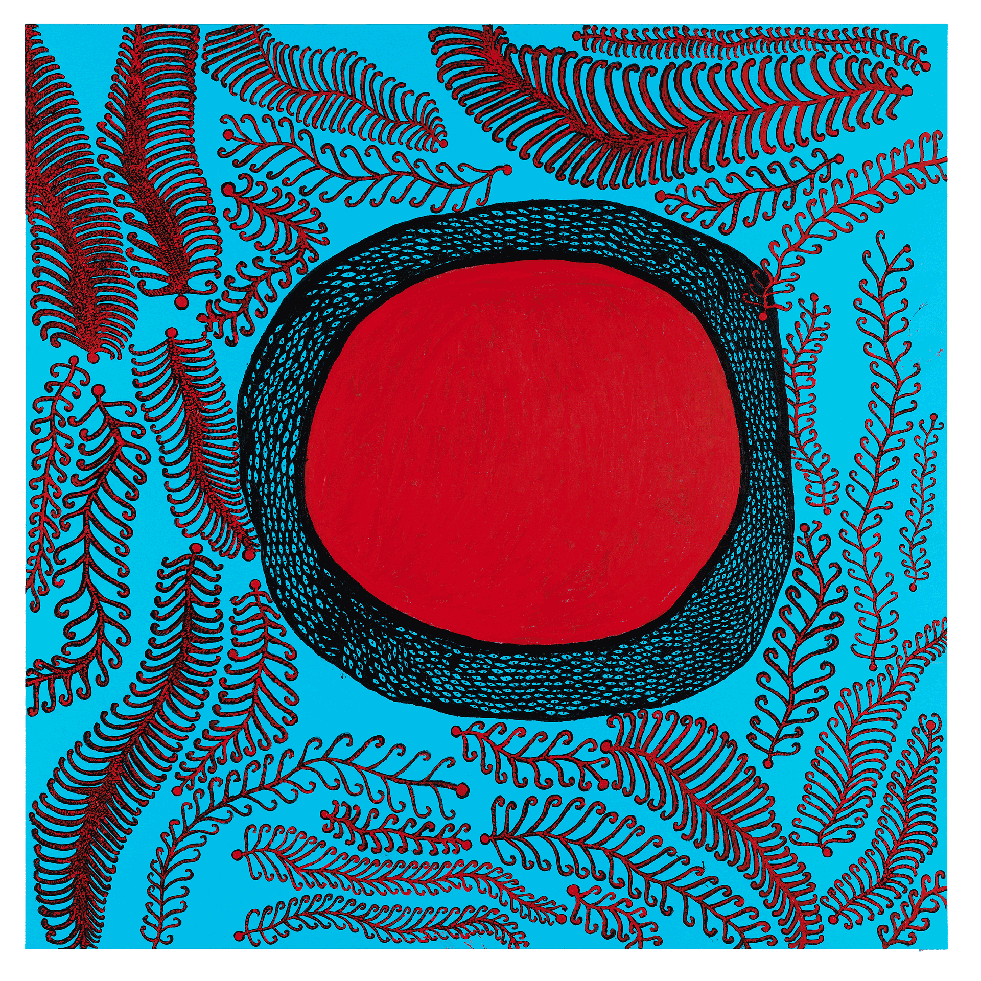 A painting by Yayoi Kusama, titled I SAW THE MORNING SUN, dated 2017.
