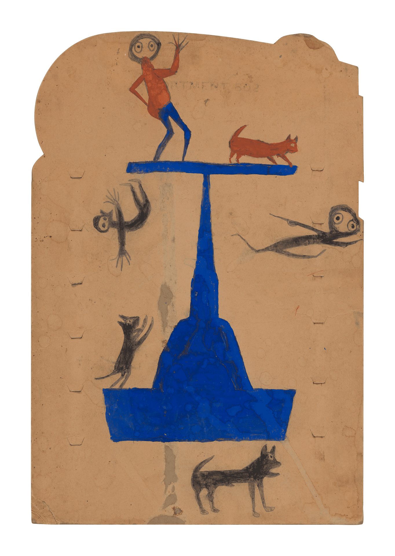 A mixed media work on cardboard by Bill Traylor, titled Blue Construction with Black and Orange People and Dogs, 1939 to 1942.