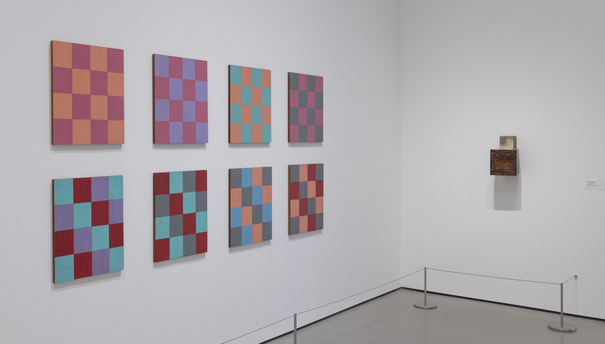 An Installation view of Sherrie Levine’s Large Check: 3, Large Check: 5-10, and Large Check: 12, 1987, on view in Collection 1970s—Present, The Museum of Modern Art, New York, Ongoing. Photo by Denis Doorly