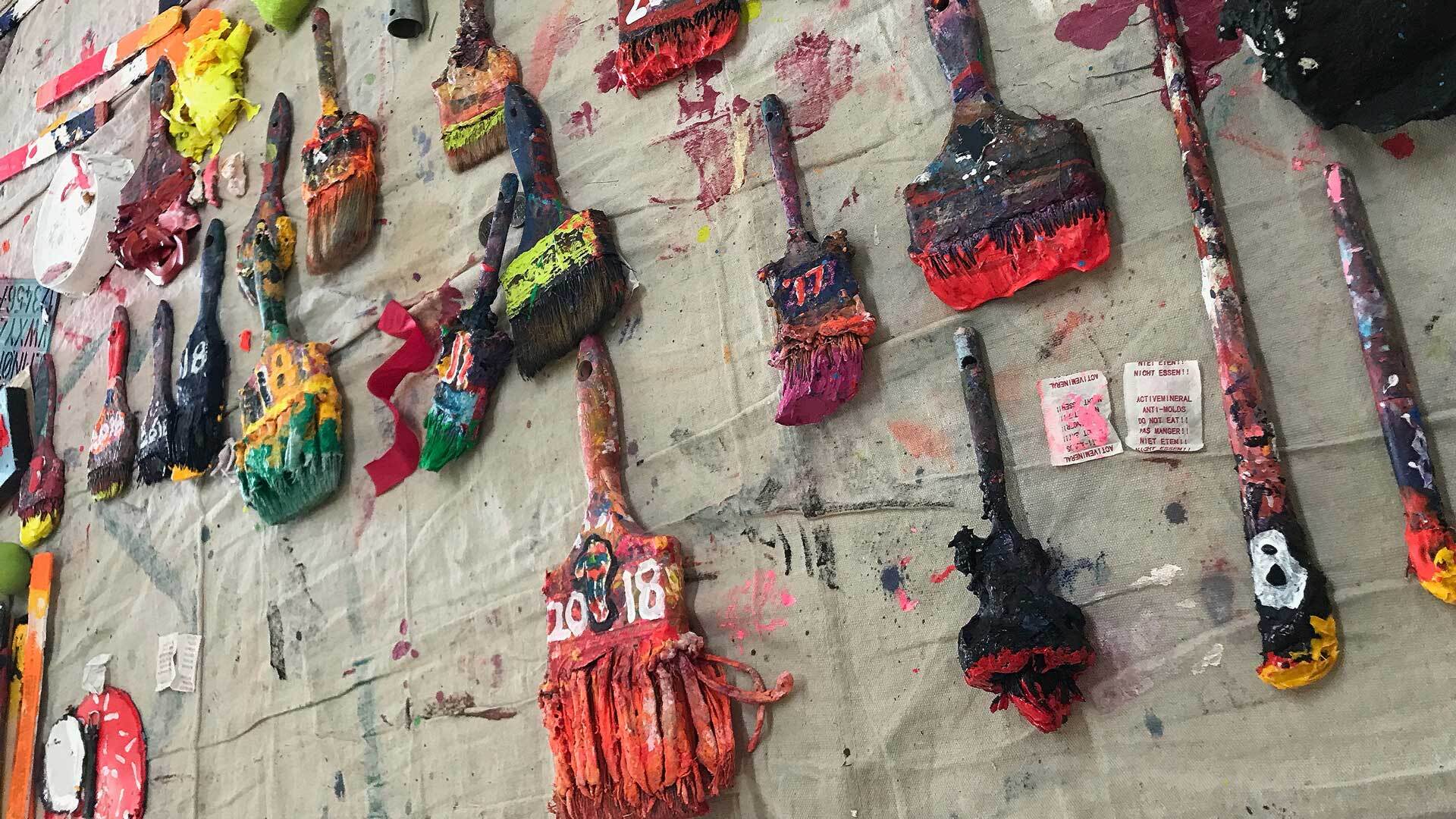 A photograph of Katherine Bradford’s studio