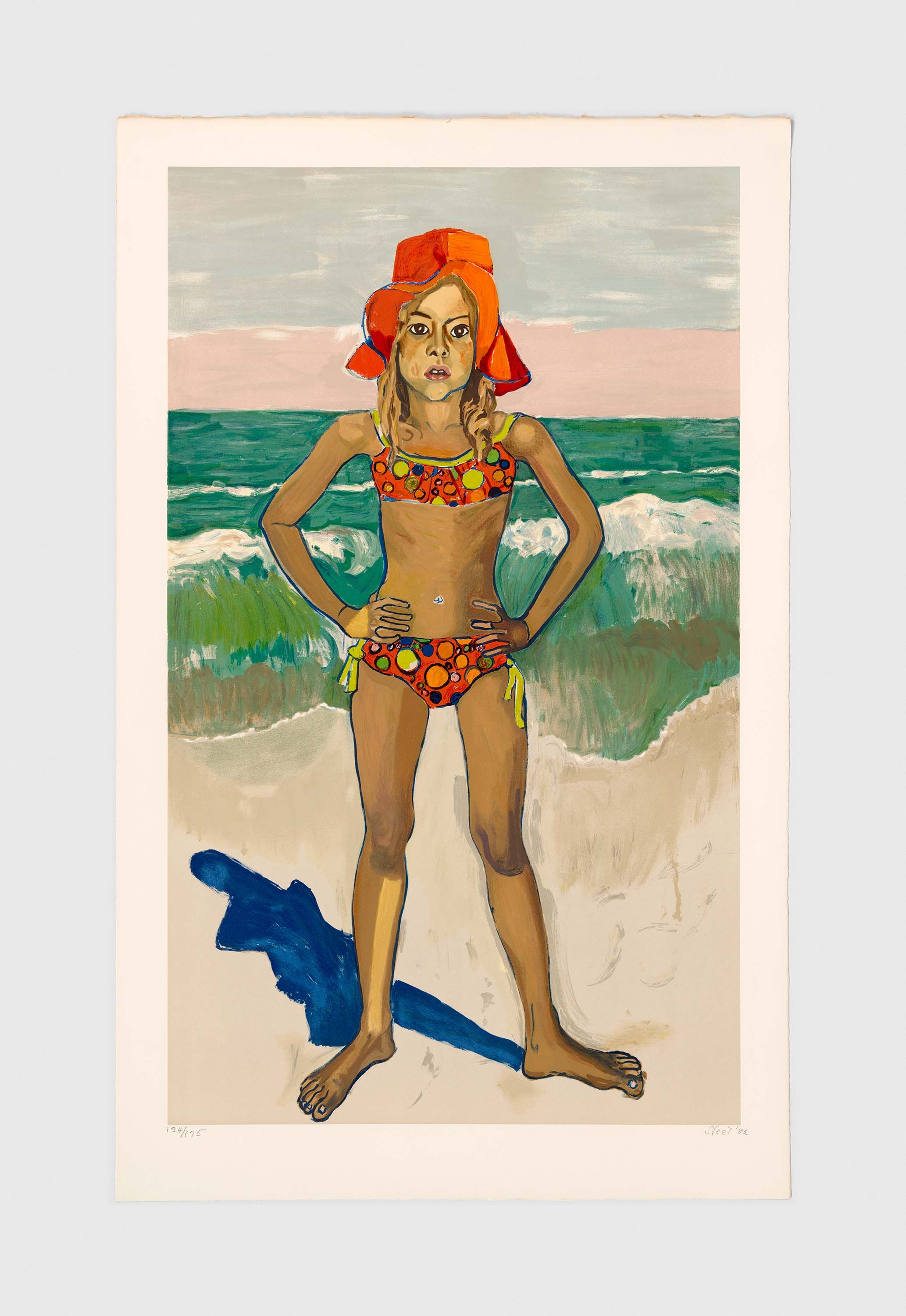 A lithograph on paper by Alice Neel, titled Olivia and the Red Hat, dated 1982.