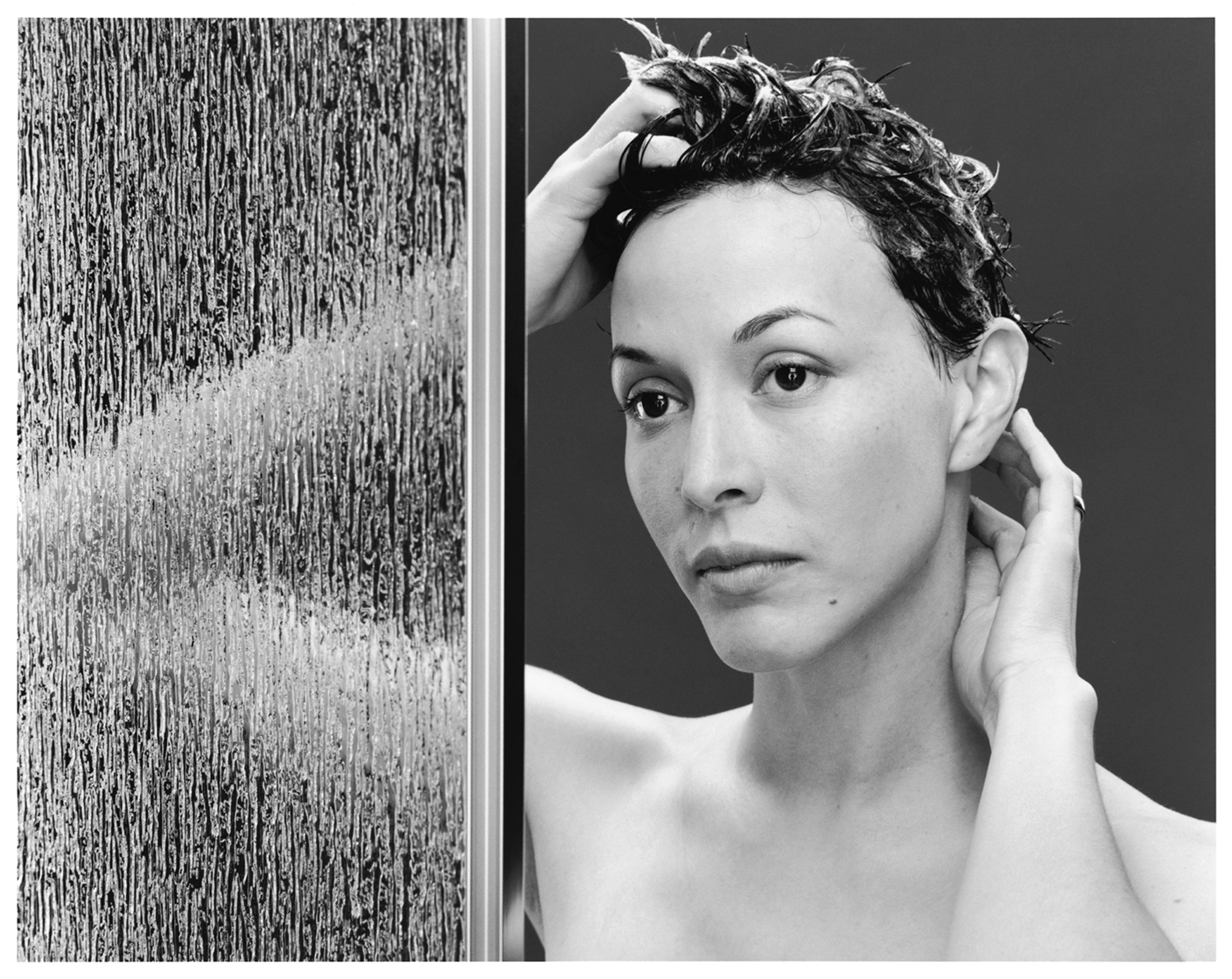 A photograph by Christopher Williams titled Model #105M - R59C Keystone Shower Door 57.4 √ó 59 Ãã Chrome/Raindrop SKU #109149, dated 2005.