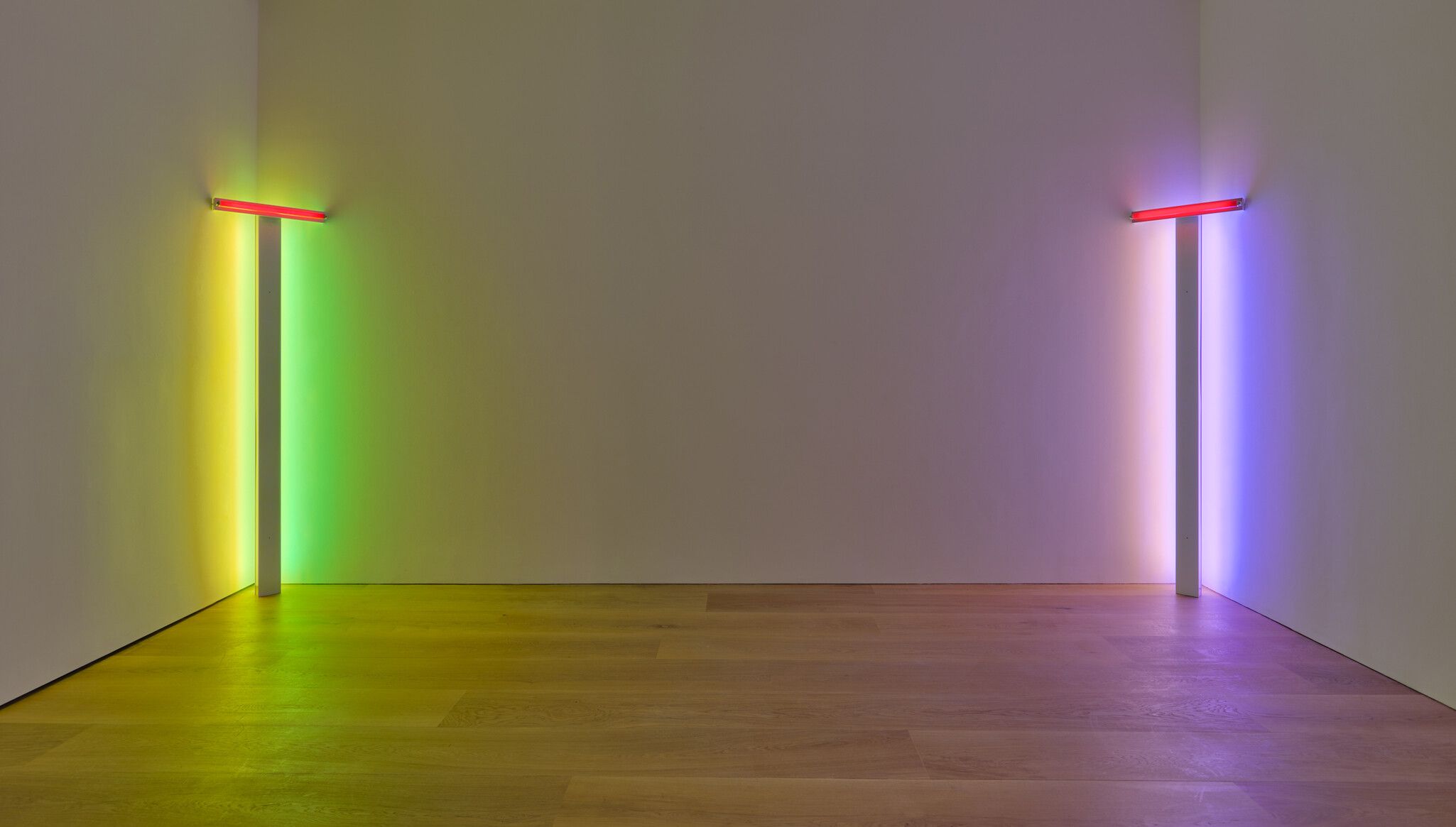 Installation view, Dan Flavin colored fluorescent light, David Zwirner, London, 2023