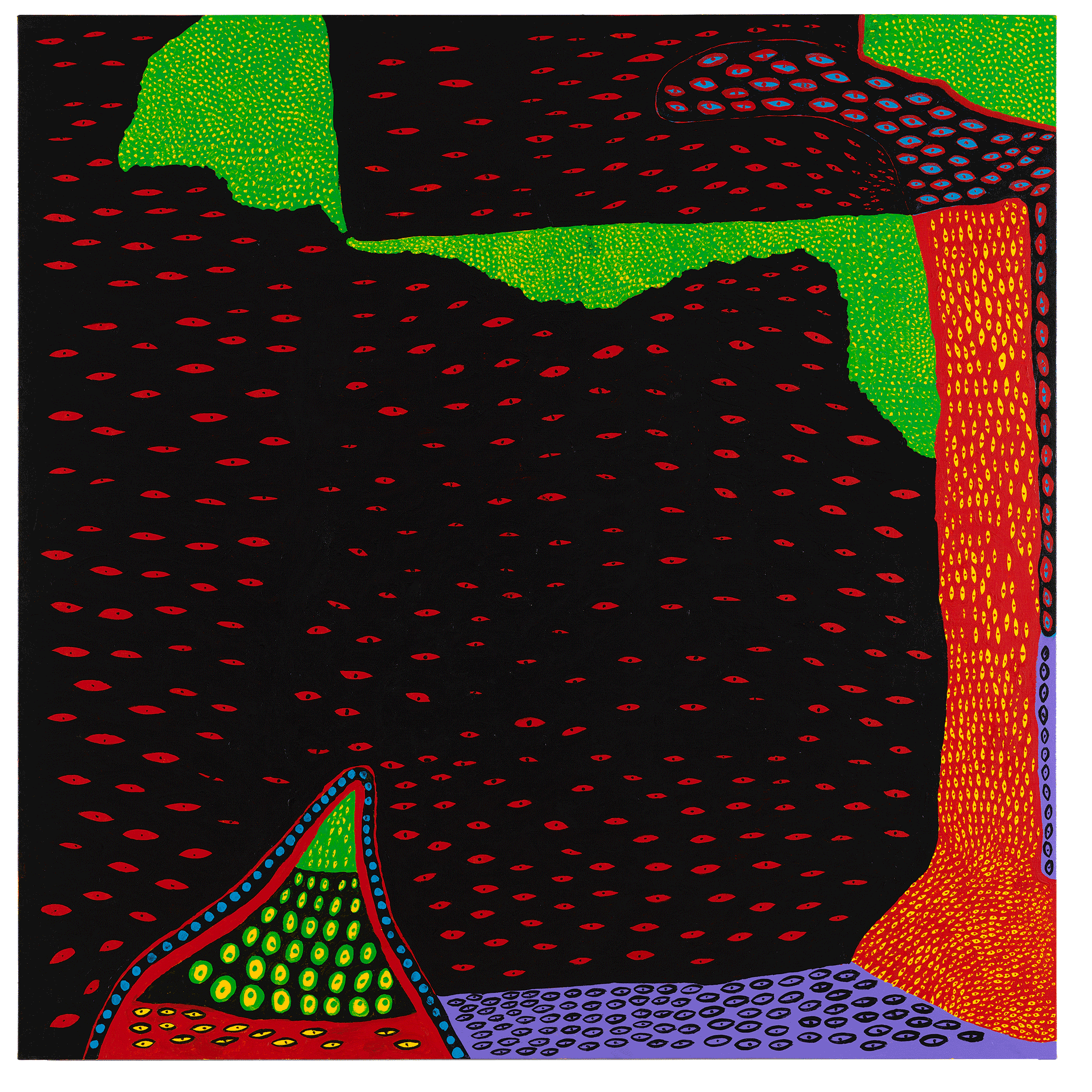A painting by Yayoi Kusama, titled Land of Glory, dated 2014.