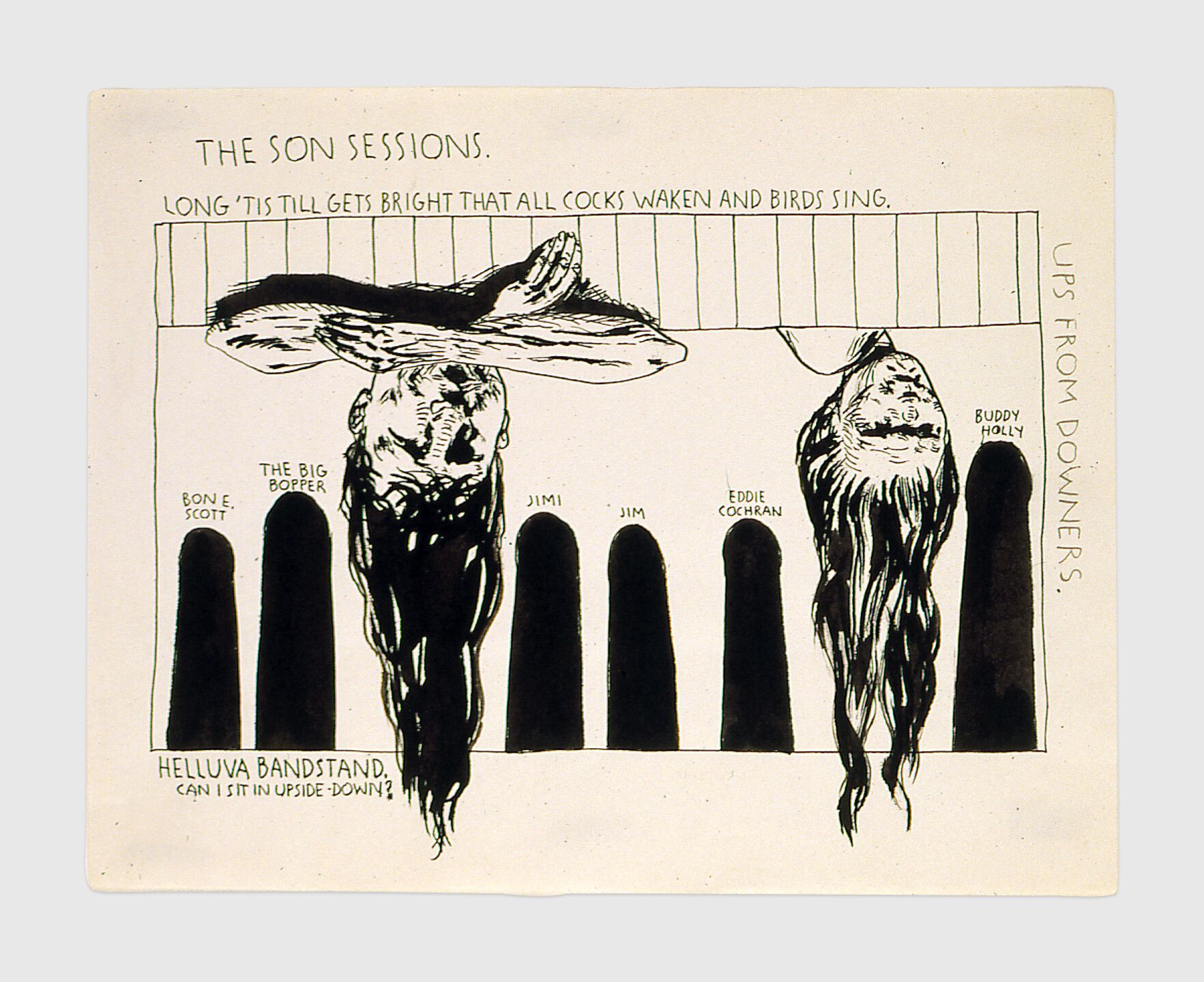 A drawing by Raymond Pettibon titled No title (The son sessions...) dated 1989