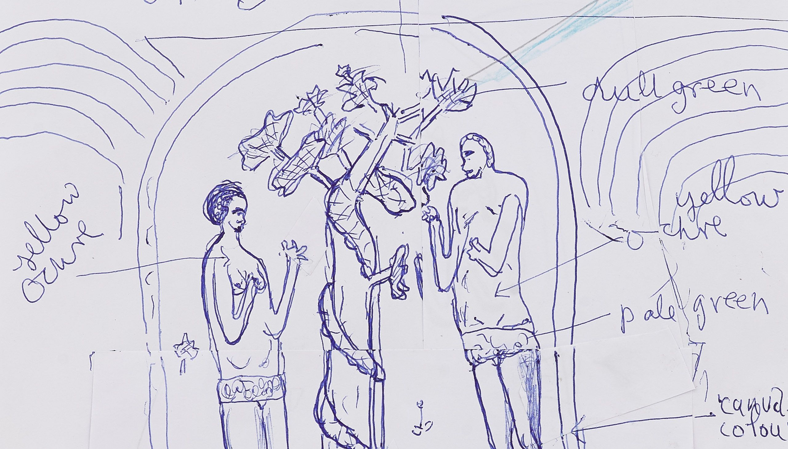 A detail from a drawing by Rose Wylie, titled Illuminated Manuscript, Adam and Eve, study, dated 2020.
