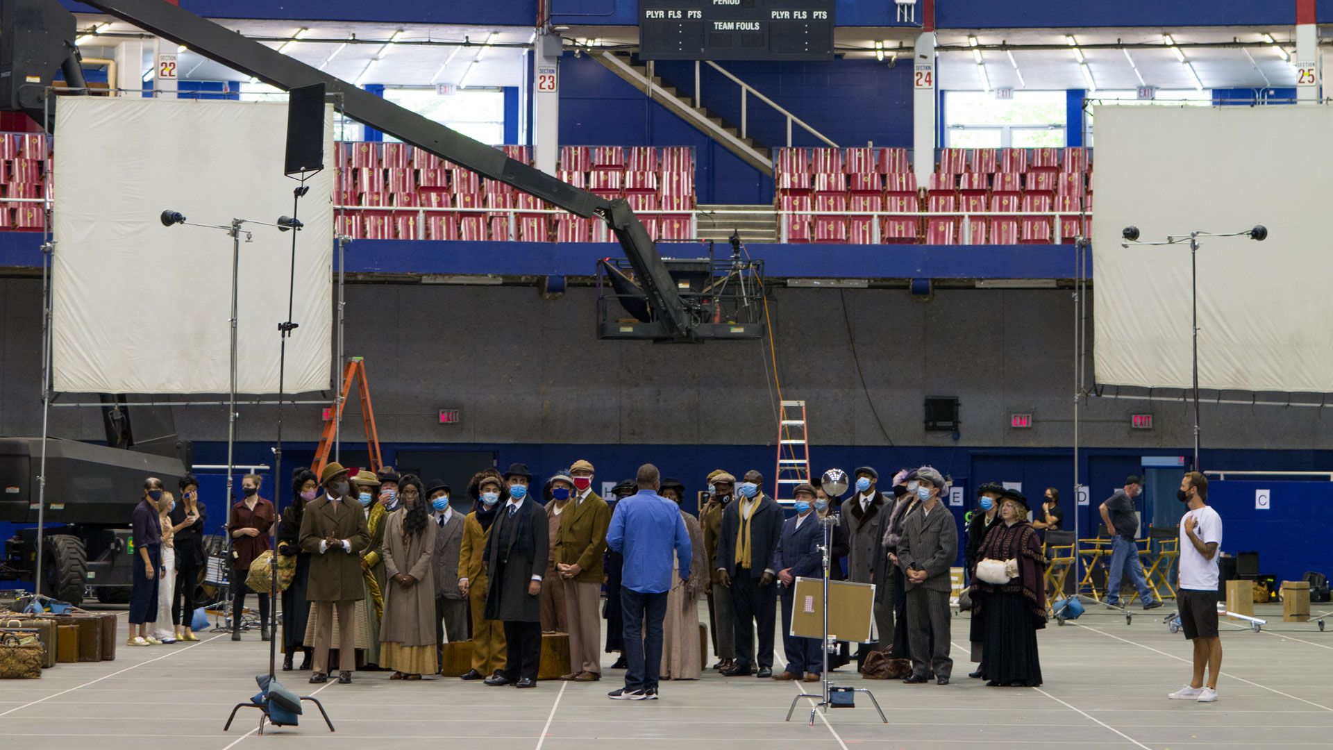 A behind the scenes photograph featuring an in progress work by Stan Douglas, dated 2020