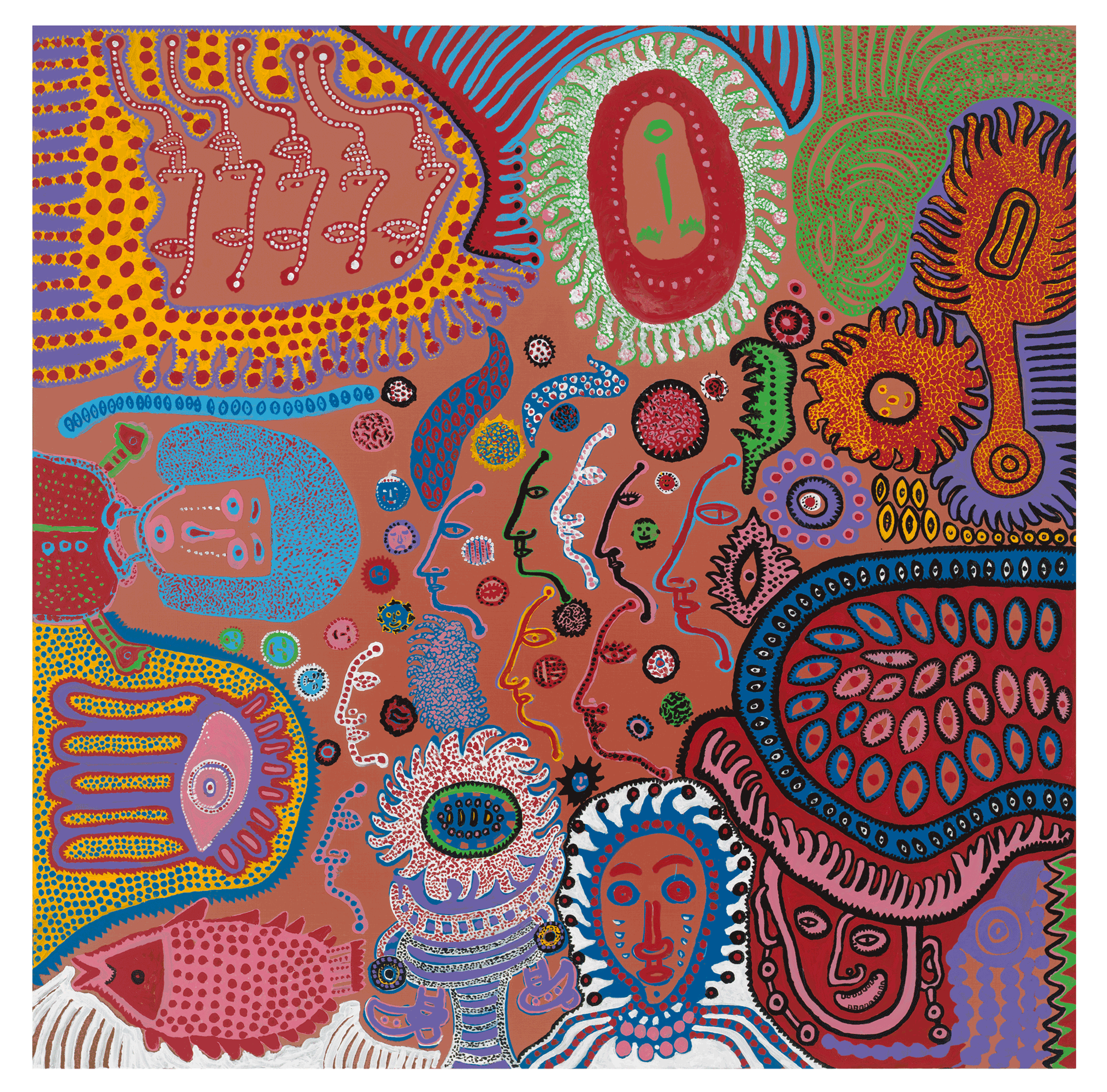 A painting by Yayoi Kusama, tiled GIVE ME LOVE, dated 2015.