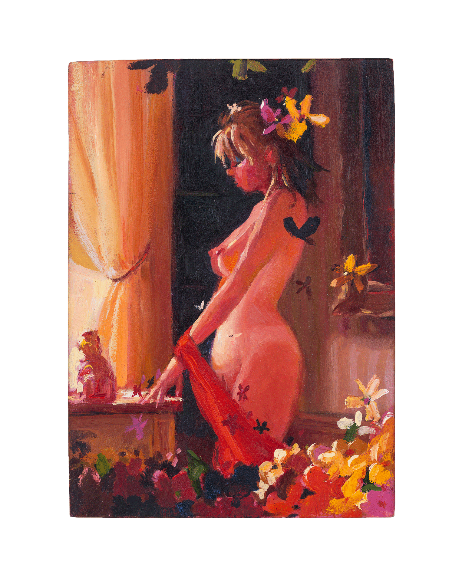 A painting by Lisa Yuskavage, titled Northview Flowers Falling, dated 2000.