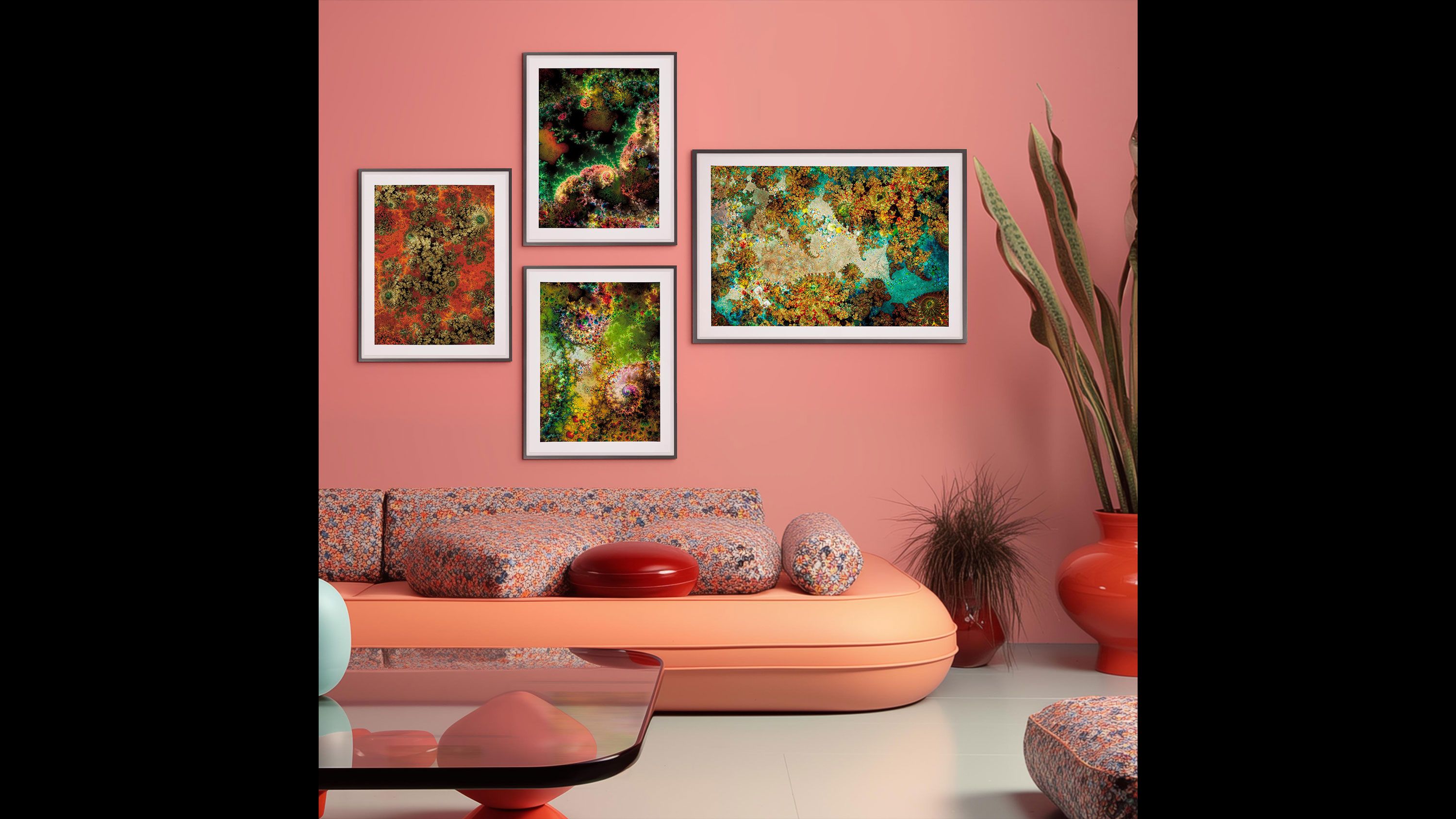 Installation views of Thomas Ruff prints rendered in an AI-generated living room