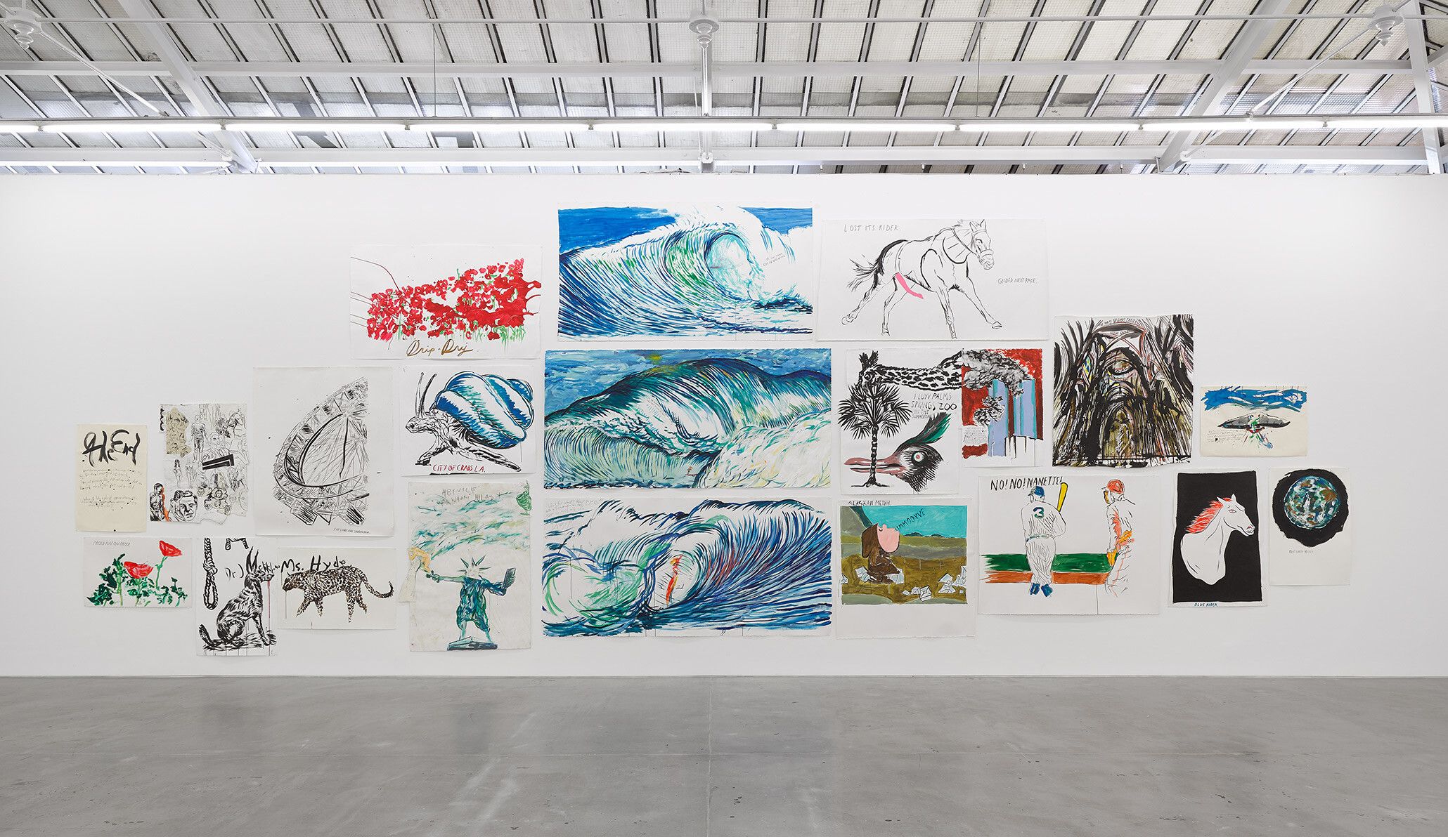 An nstallation view of an exhibition titled Raymond Pettibon: Frenchette, at David Zwirner, Paris, in 2019.