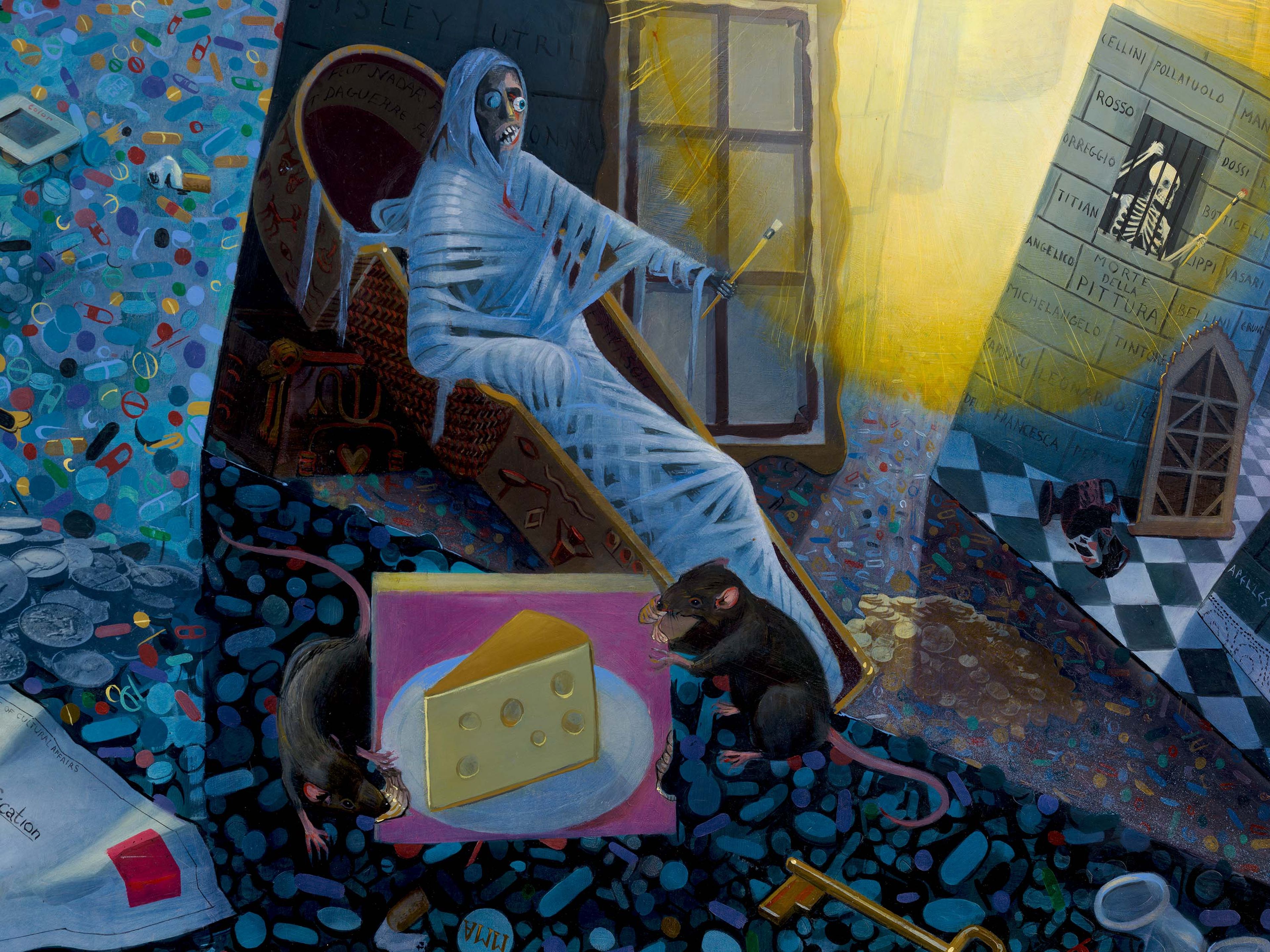 A detail from a painting by Frank Moore, titled The Curators, dated 1996.