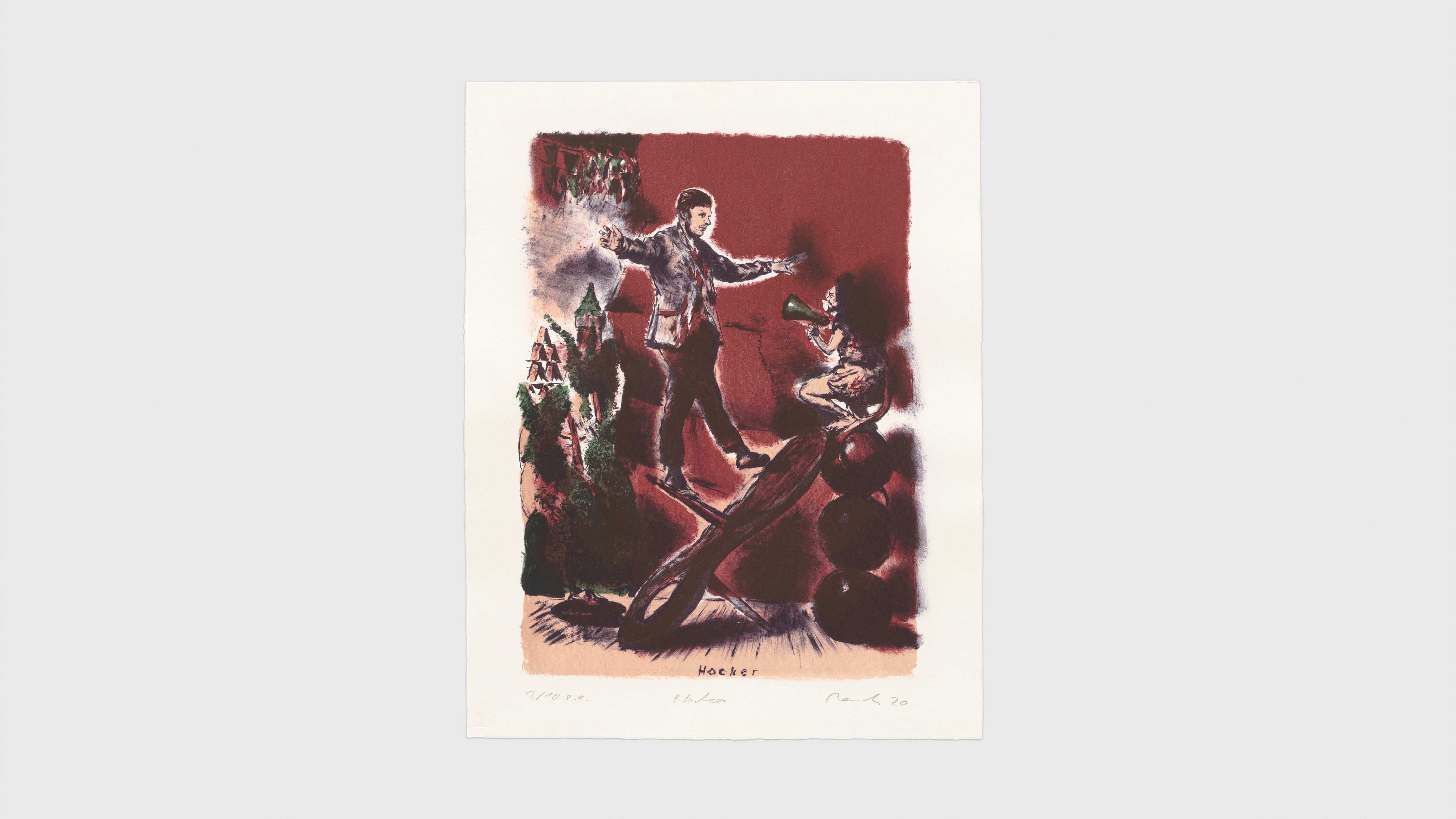 A four-color lithograph on Hahnemühle Alt Worms paper by Neo Rauch, titled Hocker, dated 2020.