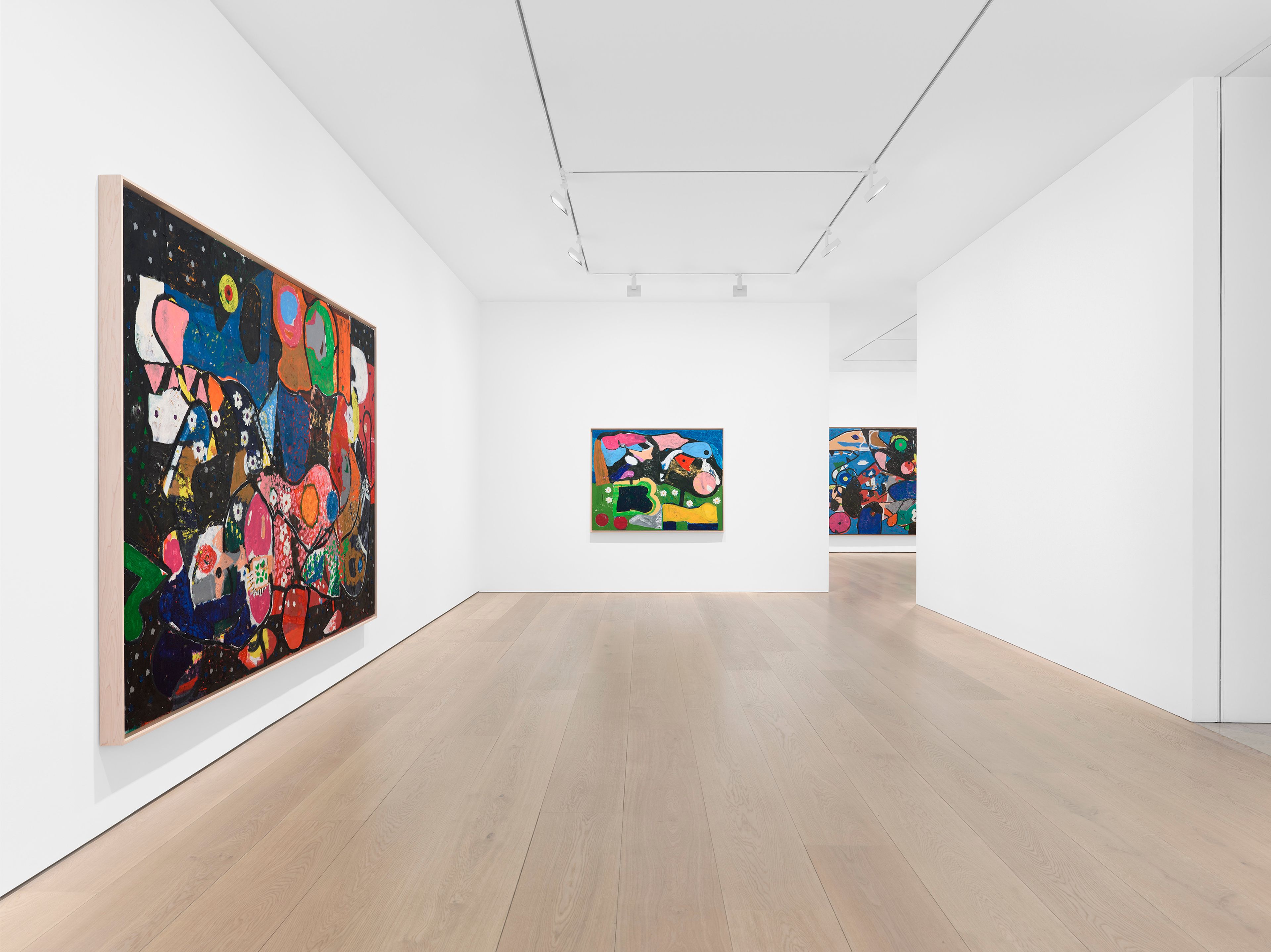 An installation view of the exhibition, Joe Bradley: Animal Family, at David Zwirner in London, dated 2025.