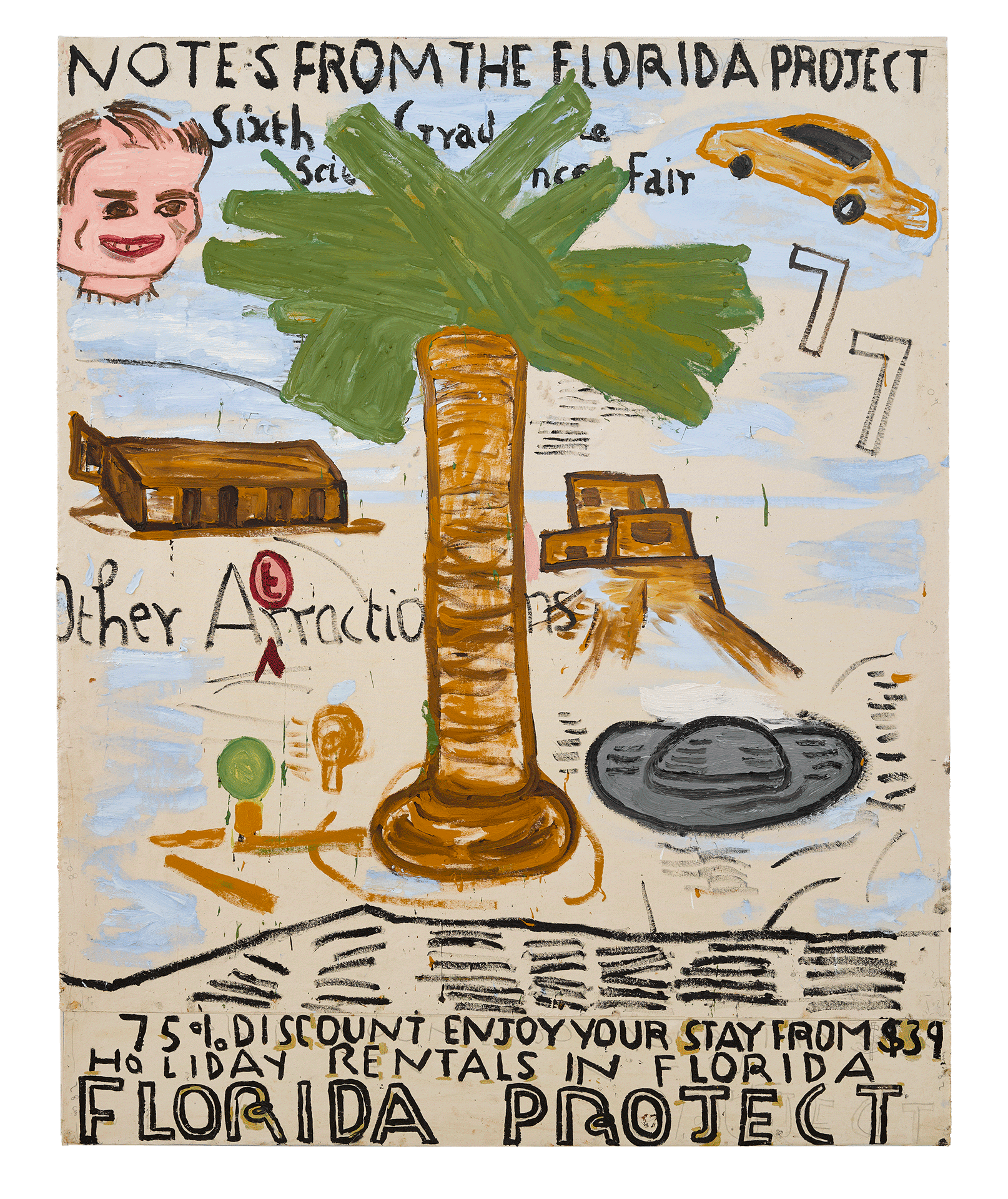 A painting by Rose Wylie, titled The Florida Project, Palm Tree (Film Notes), dated 2018. 