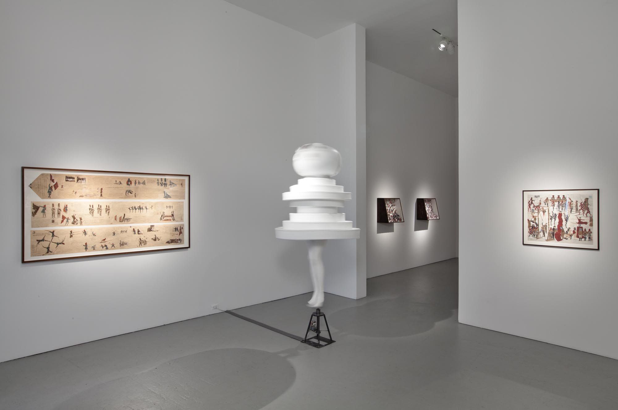 Installation view of the exhibition Marcel Dzama: Behind Every Curtain, at David Zwirner in New York, dated 2011.