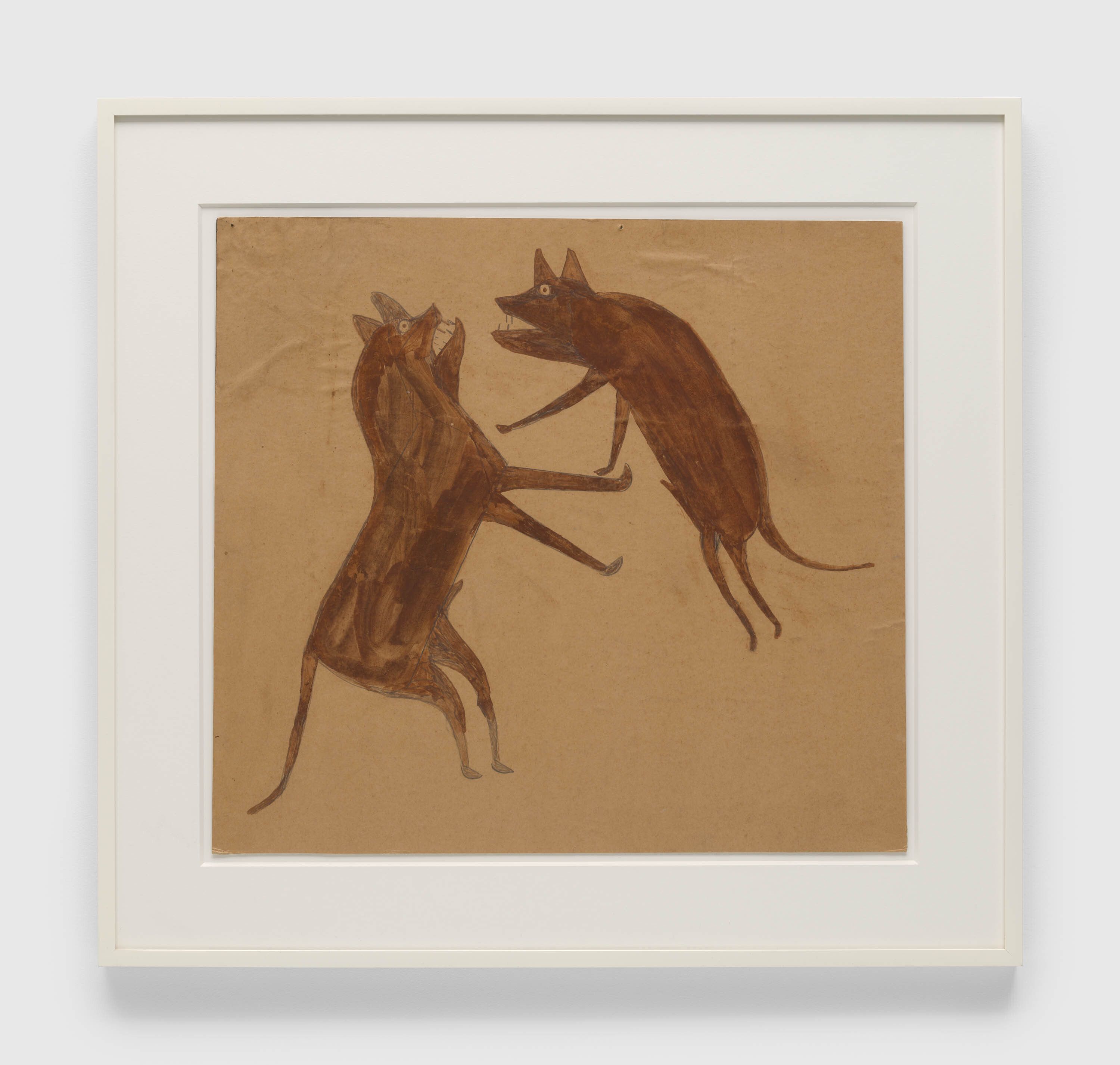 A mixed media work on cardboard by Bill Traylor, titled Two Fighting Dogs, 1939 to 1942.