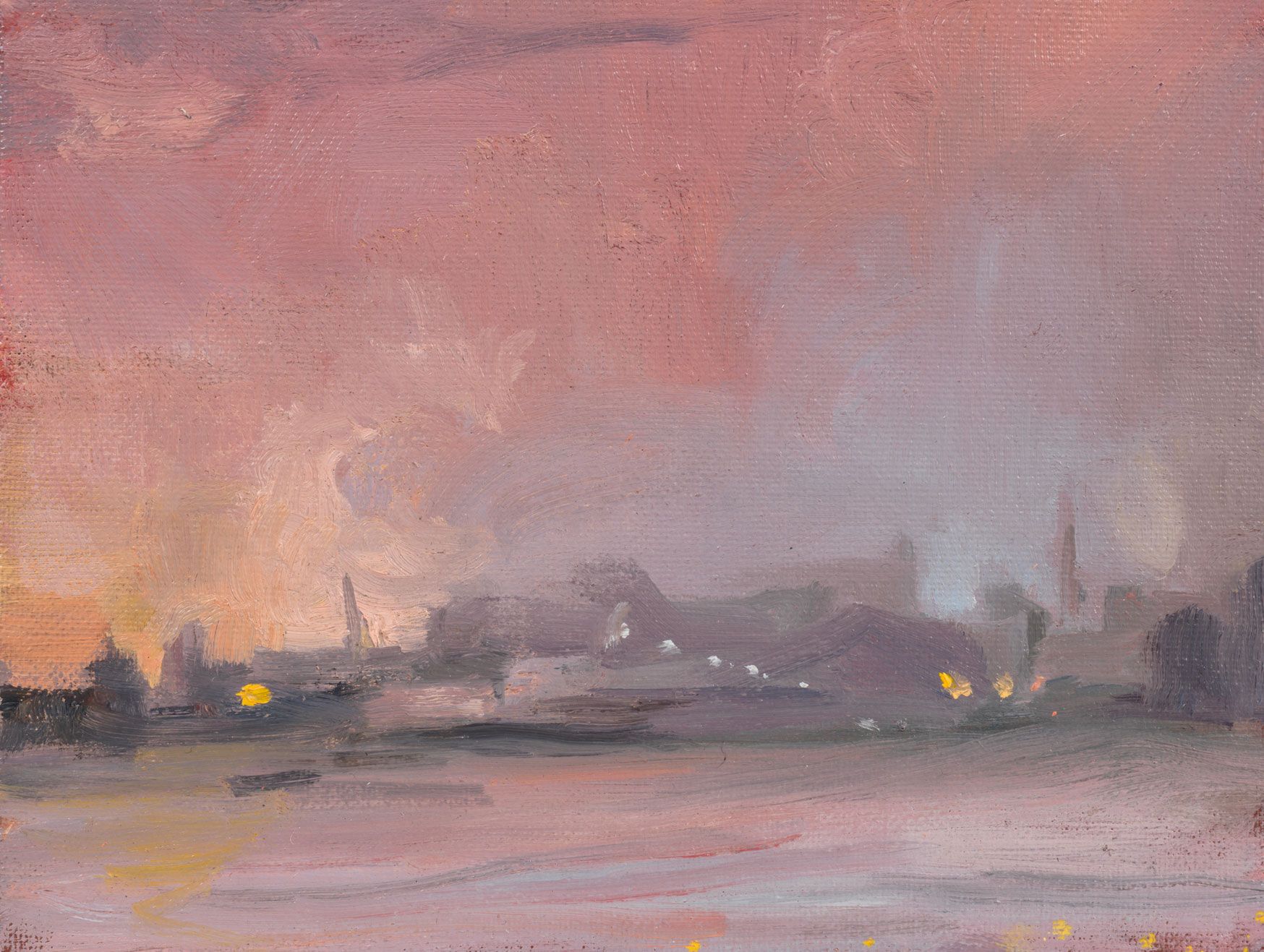 A detail from a painting by Lisa Yuskavage, titled Hudson Sunset (Pink & Grey), dated 1997.