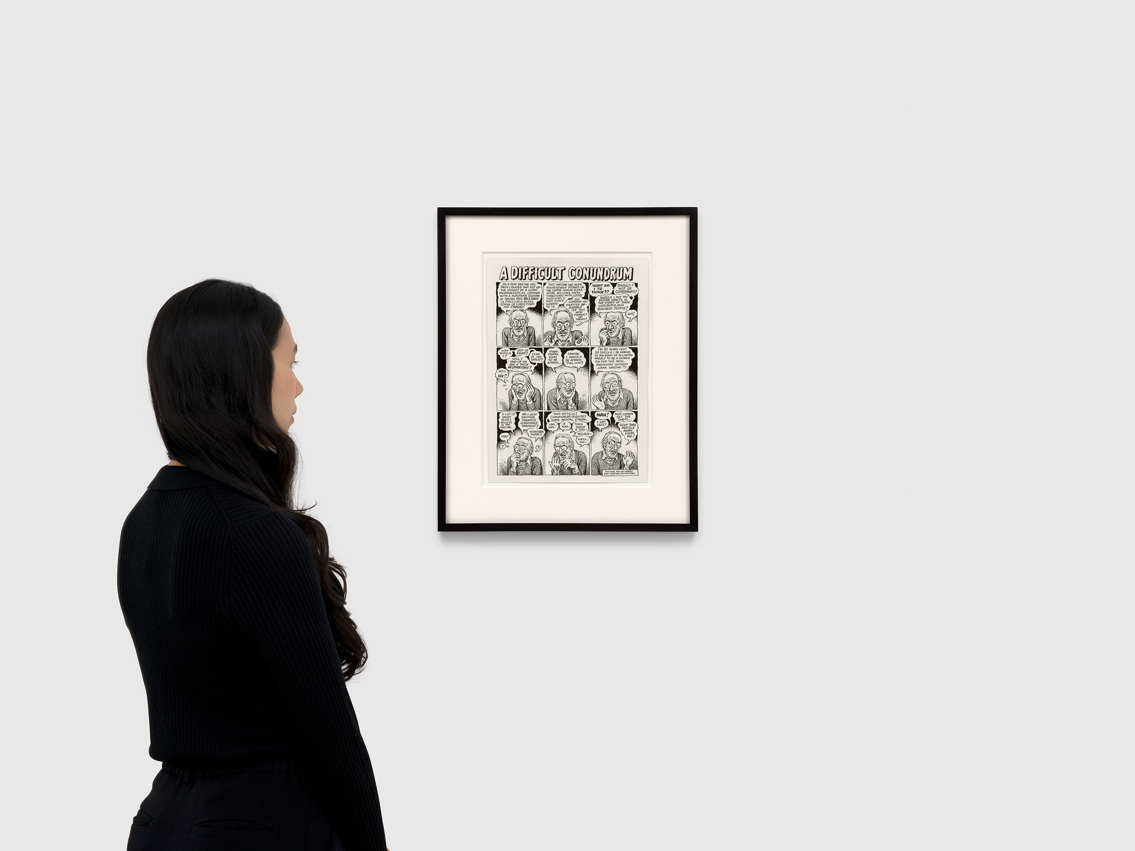 A work on paper by R. Crumb, titled A Difficult Conundrum, dated 2025.