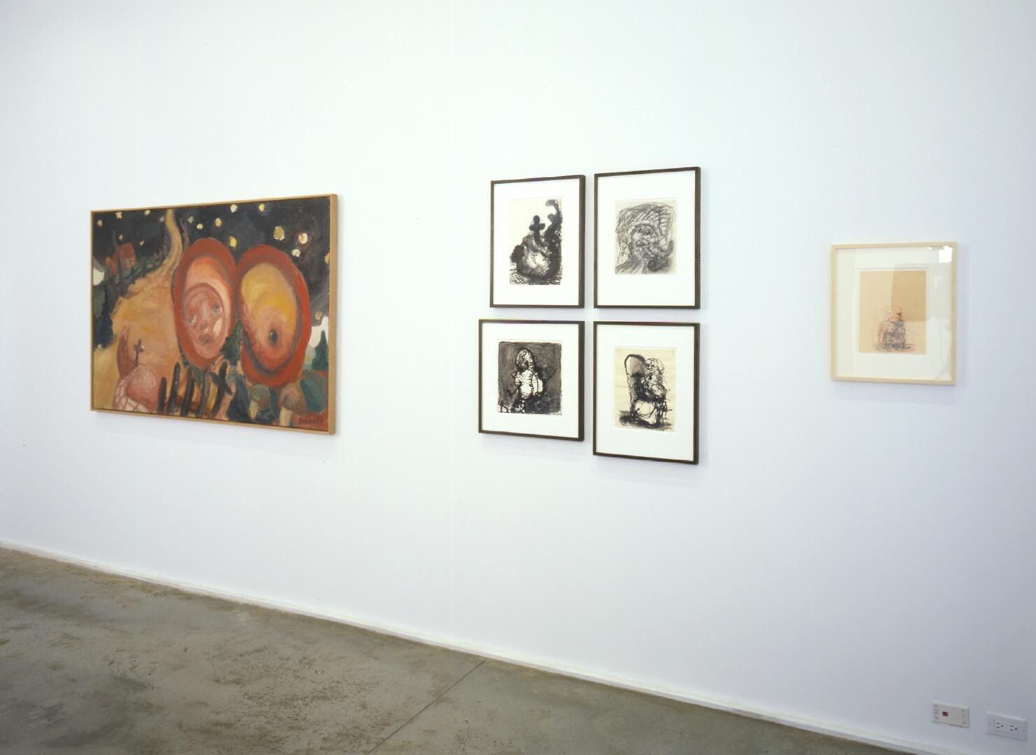 An installation view of the exhibition George Baselitz: Paintings and Drawings from the 1960s, at David Zwirner New York, dated 2002.