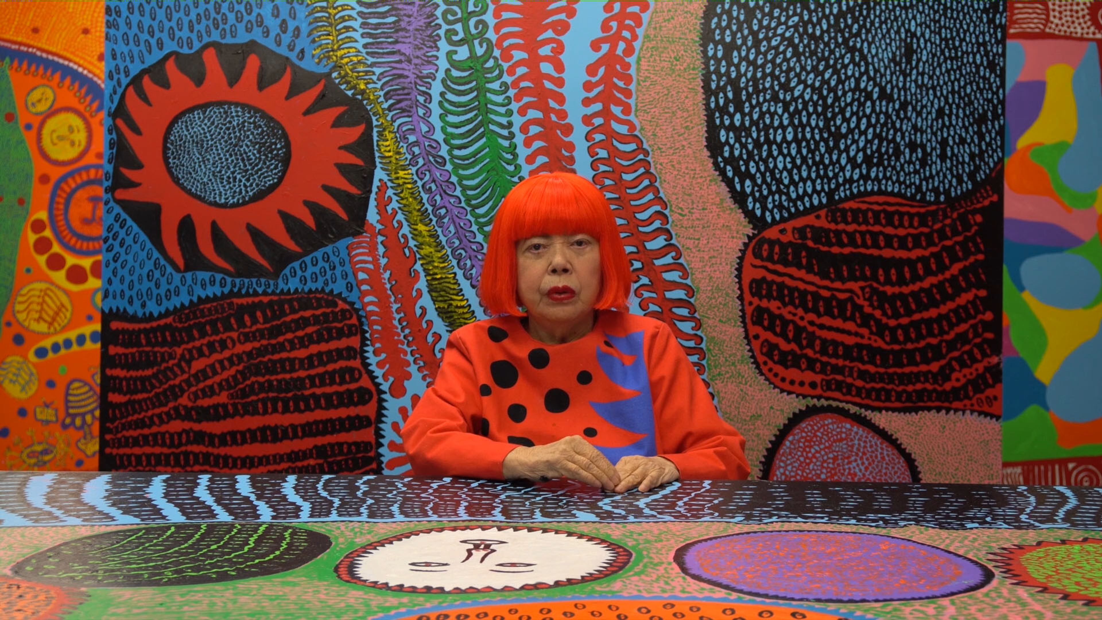 A photograph of Yayoi Kusama in her studio, dated 2017. 