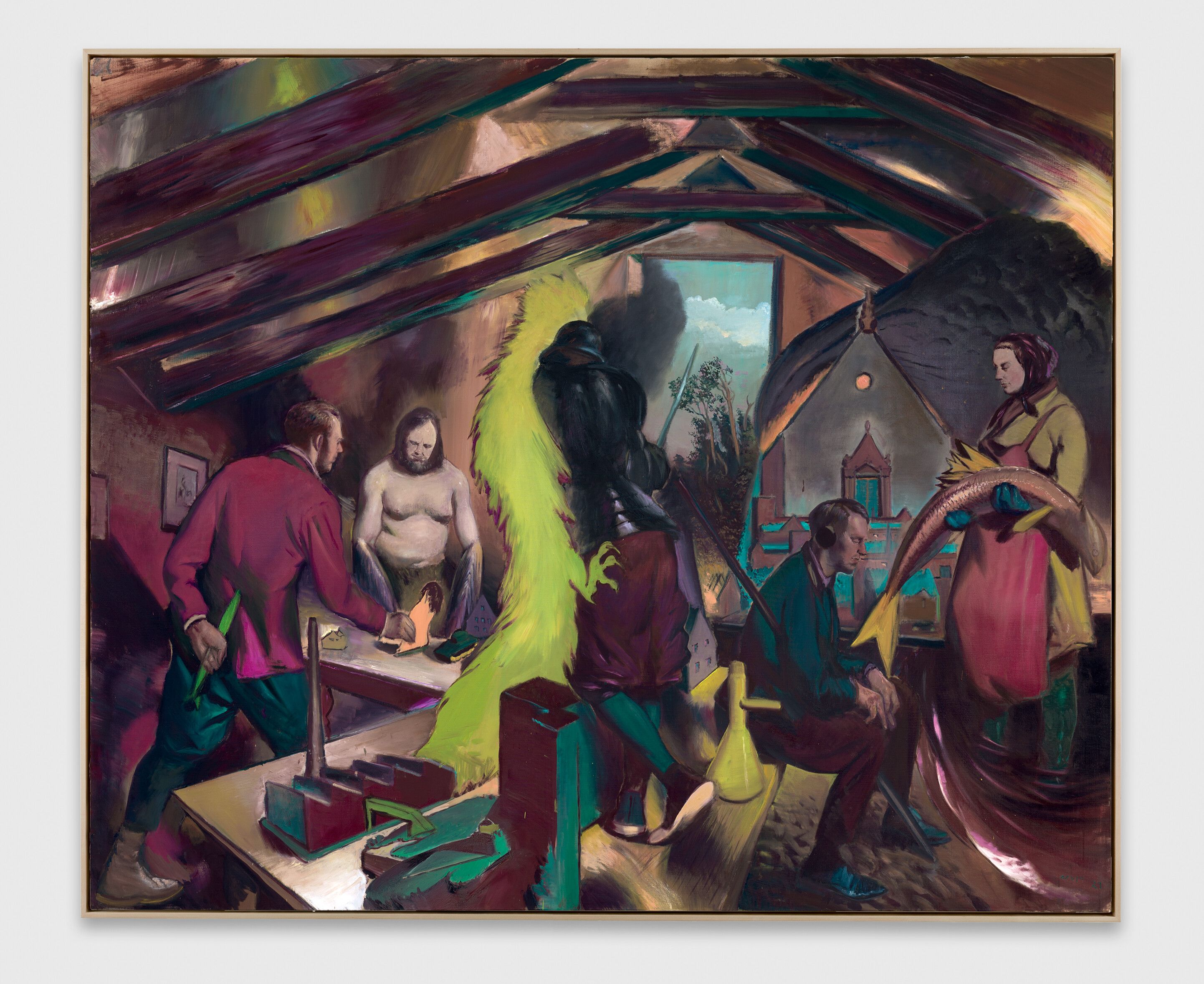An oil on canvas artwork by Neo Rauch, titled Unterm Dach, dated 2021.