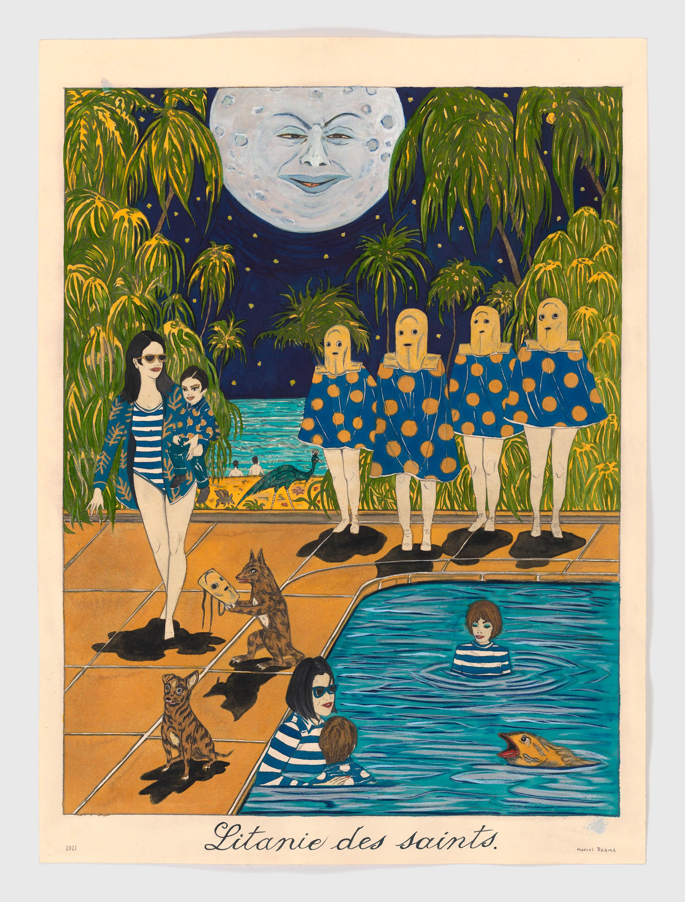 A mixed media artwork by Marcel Dzama, titled All 4 saints blessed our pool of water (and walked away hand in hand on the beach), dated 2021.