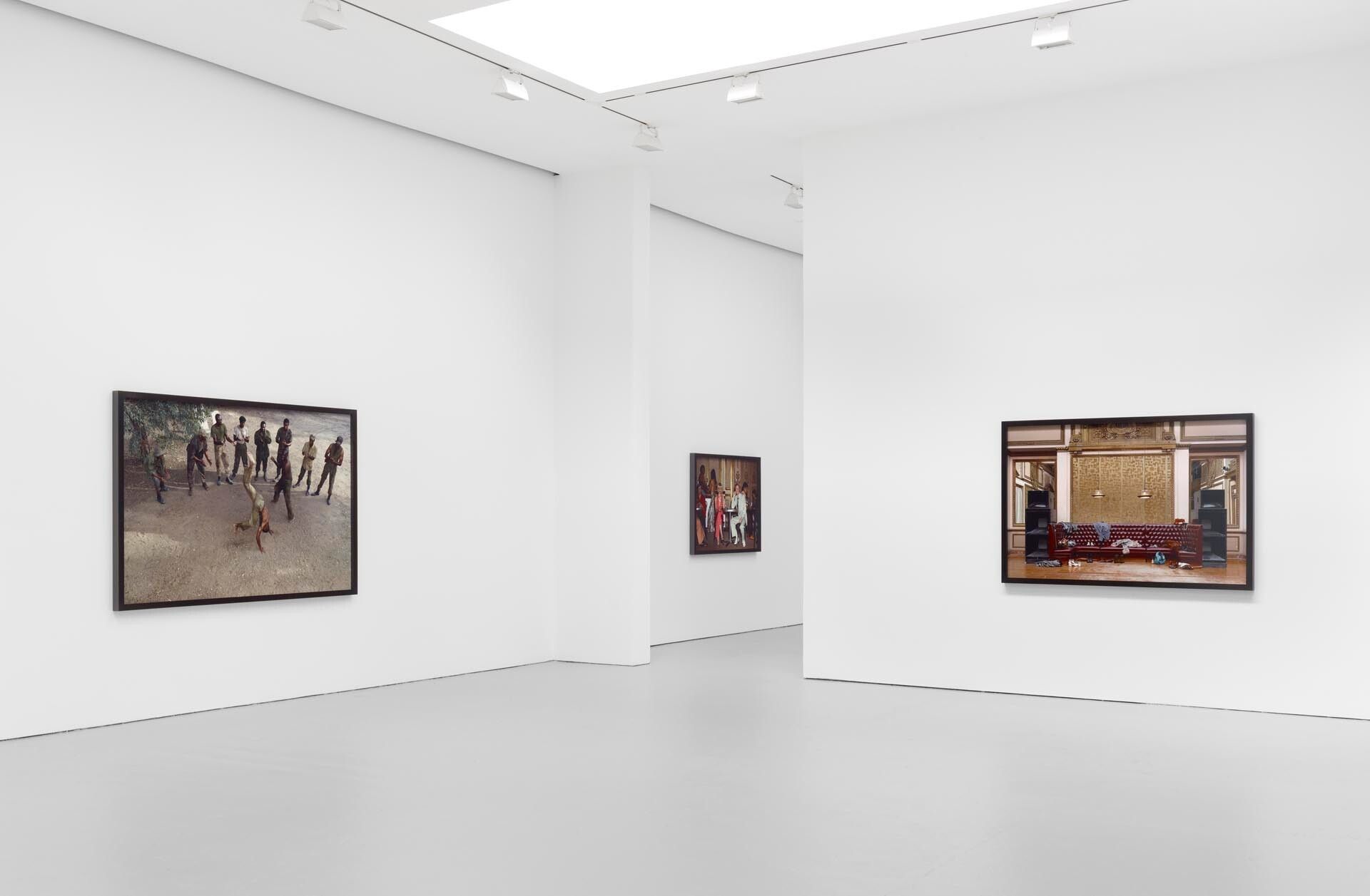 Installation view of the exhibition Stan Douglas: Disco Angola at David Zwirner in New York, dated 2012.
