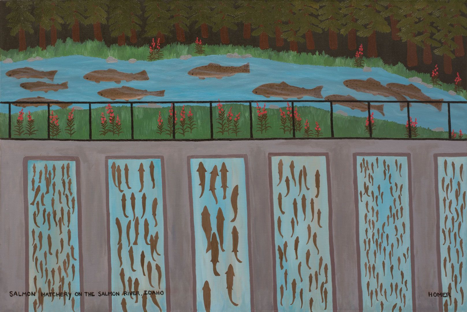 A painting by Jessie Homer French titled Salmon Hatchery on the Salmon River, Idaho, dated 1989