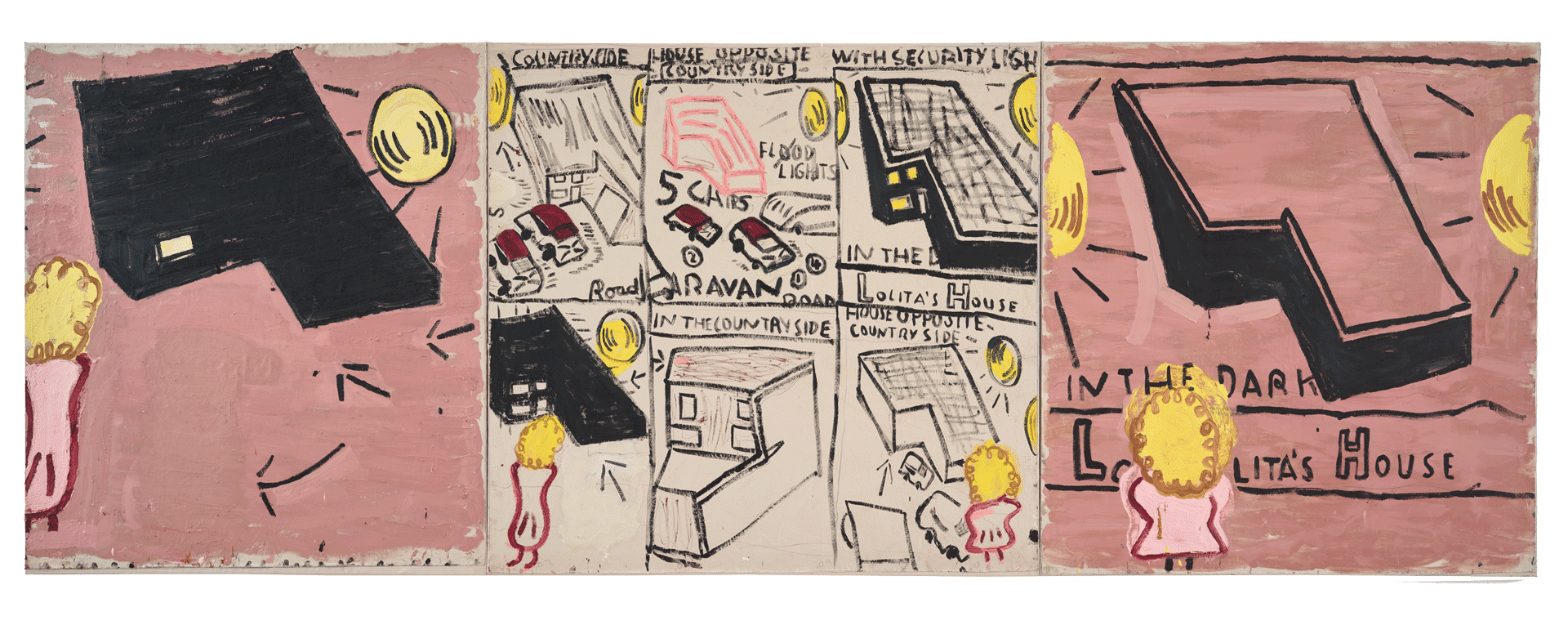 A painting by Rose Wylie, titled Lolita's House, Plaster Pink, dated 2018. 