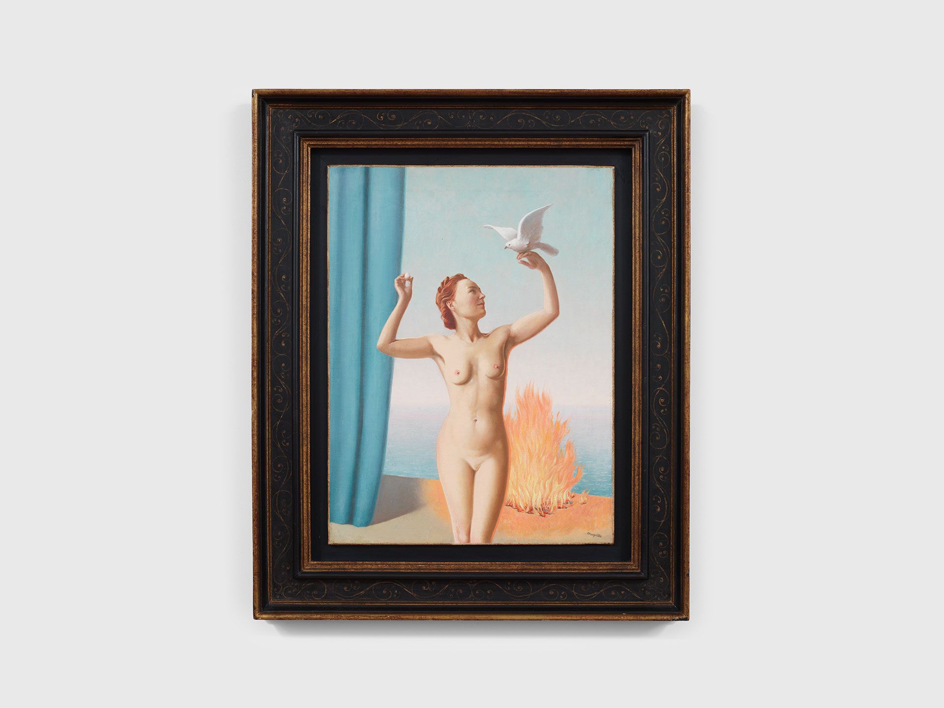A painting by Ren√© Magritte, titled L'embellie, translated as The Break in the Clouds, dated 1942.