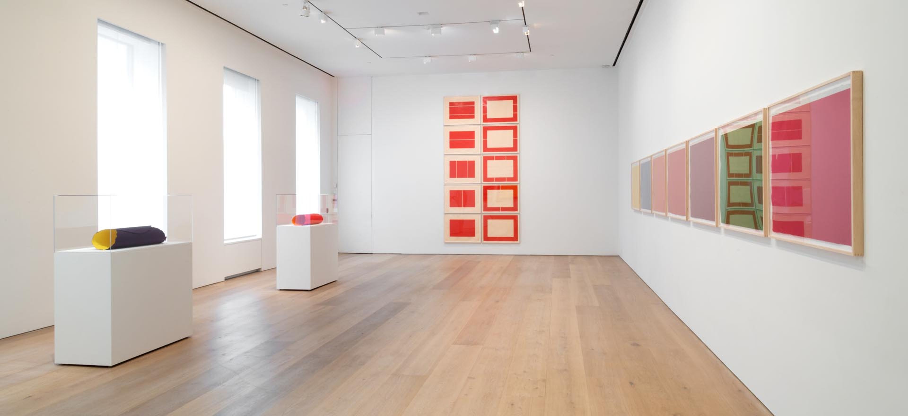 Installation view of the exhibition Prints: Flavin, Judd, Sandback at David Zwirner in New York, dated 2014.